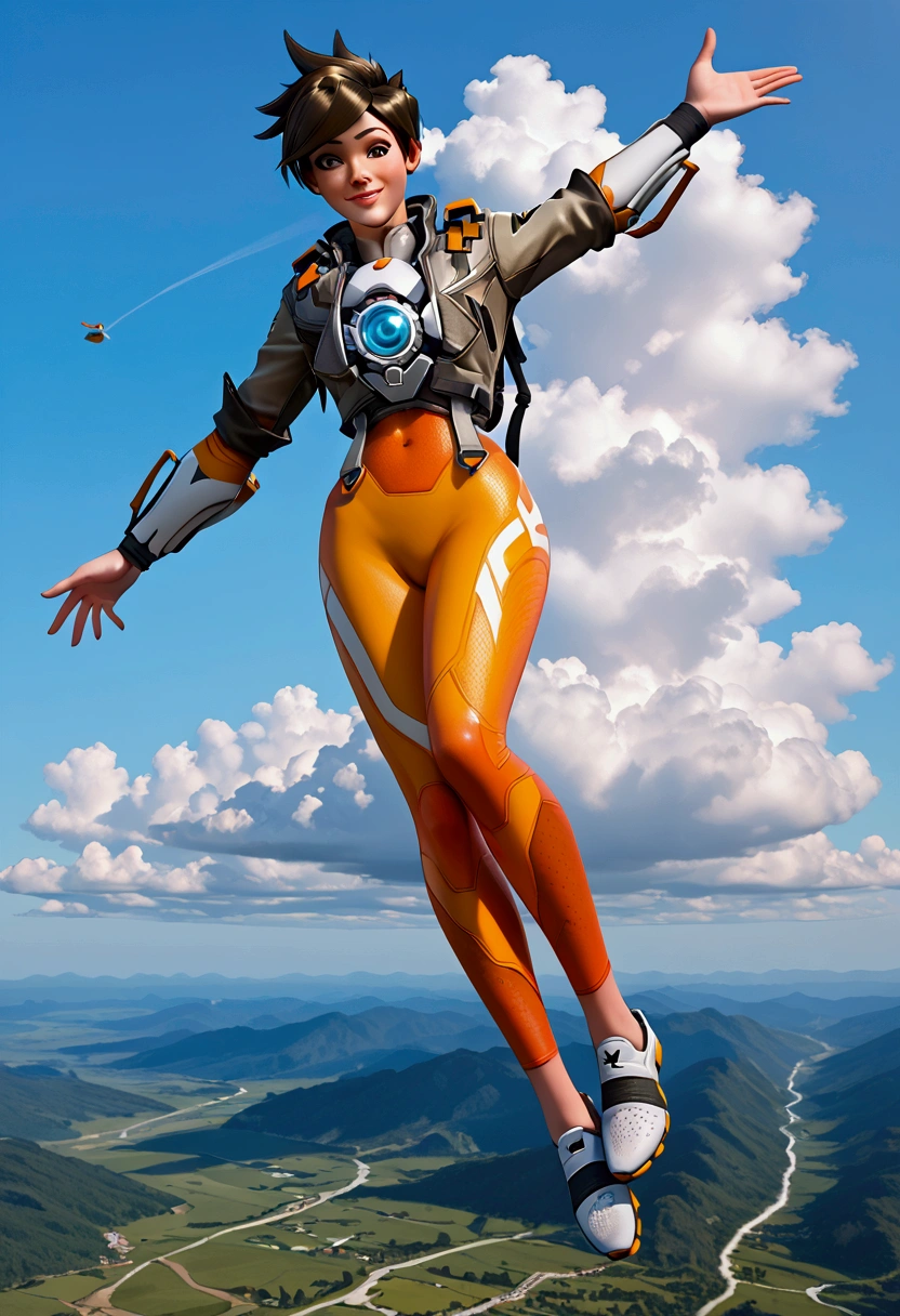 Expressiveh, eye catching, Tracer, brown eyes,thick,curvy, short hair, brown hair, brown eyes, wearing a skin tight orange body suit, zipper pulled down to shoe midriff and cleavage, bomber jacket, shoes, a slim and toned body and showing her navel, full body, rapid descent, falling from the sky, free falling, deep cleavage, foot exposed , detailed face, beautiful face, wide shot, full body, sky diving, enjoying her self, smiling, excited, aroused, blue sky, white clouds, parachute out, parachute on back, close up, reaching towards viewer, 