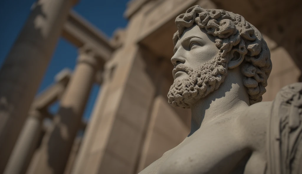 Closeup of a stoic Greek sculpture, virile physiques showcased prominently from the forefront, undeniably reminiscent of a statue of Marcus Aurelius or Zeus, muscle sinews intricately carved in stone, dominant Greek columns obscured gently in the background, cinematic ambiance, 8K resolution, steeped in obsidian hues.