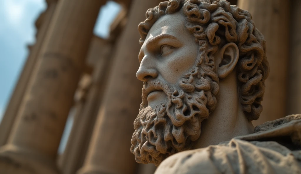 Closeup of a stoic Greek sculpture, virile physiques showcased prominently from the forefront, undeniably reminiscent of a statue of Marcus Aurelius or Zeus, muscle sinews intricately carved in stone, dominant Greek columns obscured gently in the background, cinematic ambiance, 8K resolution, steeped in obsidian hues.