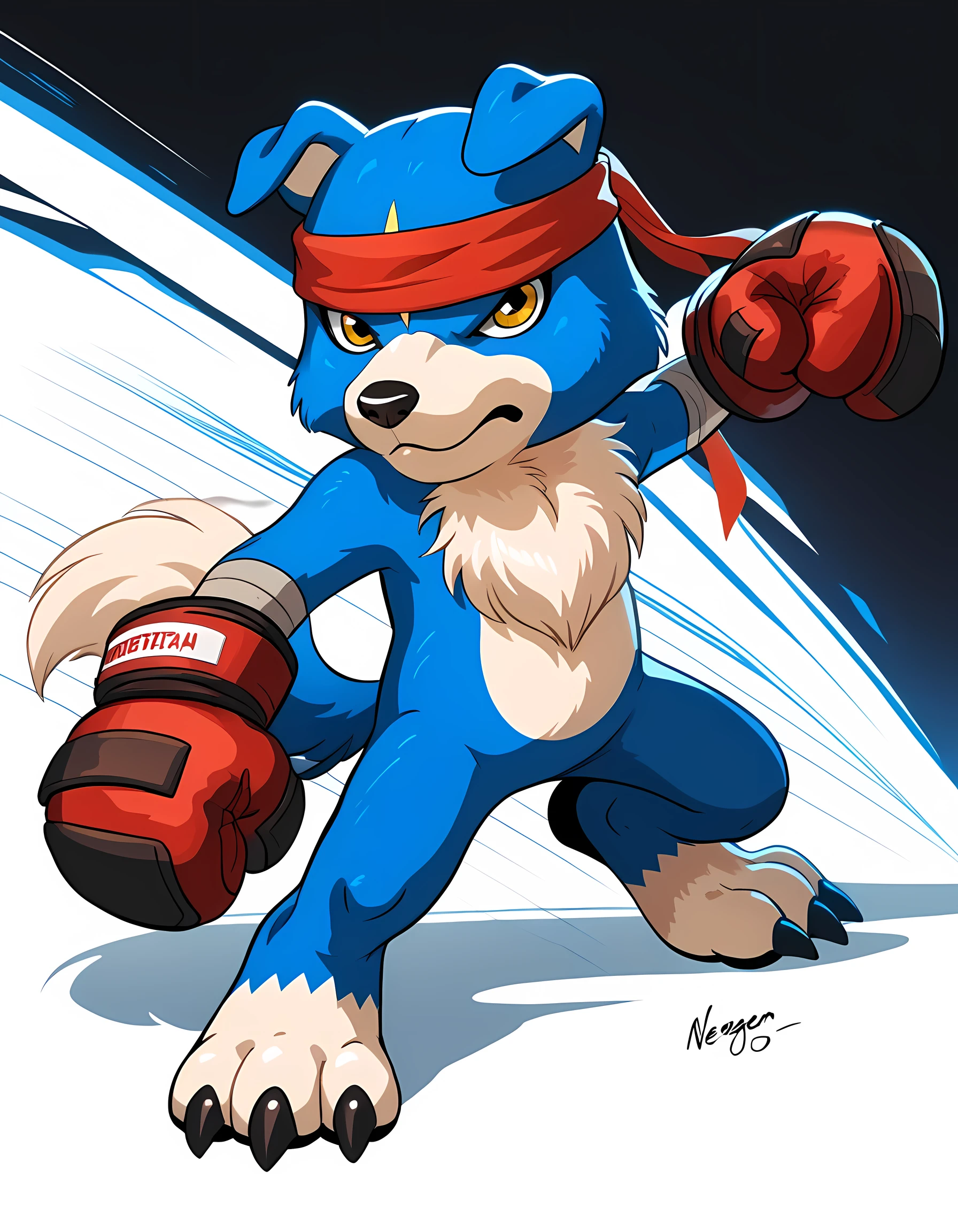 source_anime, cartoon, gaomon (character), digimon (creature), dog boy, blue body, headband, yellow eyes, boxing gloves, white background, detailed, (cel shaded, flat colors):1.5, full body, motion blur, speed lines, by wfa, by negger, punching at viewer