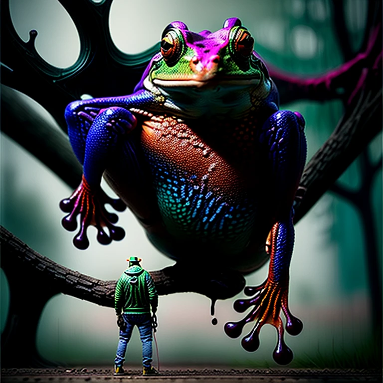 A black and neon multicolored frog sits on a treebranch in a public park with a brick wall behind him. Spray painted in super fancy graffiti on this wall is the word "FROG". The frog has one hand pressed to his chest like he's showing you his gang sign, with his name tagged behind him. Photorealistic, cinematic,realism, hyperreality, macro photography, cinematic portrait, realistic, photo- realistic, realisticism, UHDR, ultra detailed images, award winning, masterpiece.