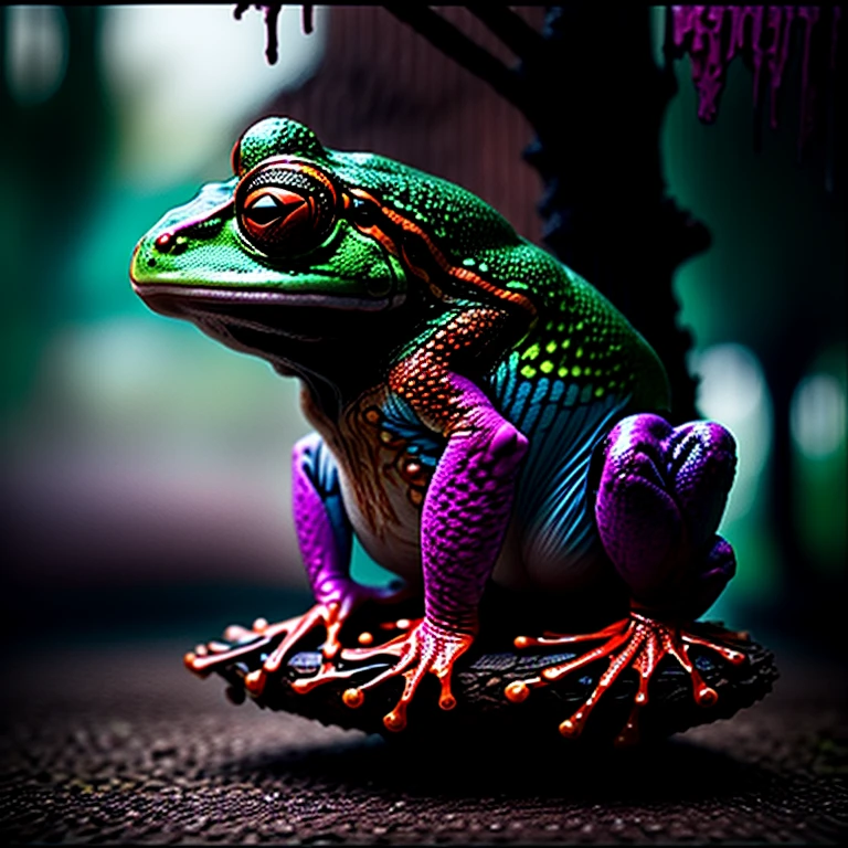 A black and neon multicolored frog sits on a treebranch in a public park with a brick wall behind him. Spray painted in super fancy graffiti on this wall is the word "FROG". The frog has one hand pressed to his chest like he's showing you his gang sign, with his name tagged behind him. Photorealistic, cinematic,realism, hyperreality, macro photography, cinematic portrait, realistic, photo- realistic, realisticism, UHDR, ultra detailed images, award winning, masterpiece.