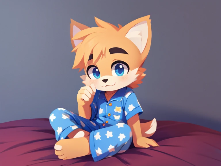 Anthropomorphic small, puppy, , cub, 8 yeale light orange fox, with blue eyes, half closed eyes, very sad face, sobbing, tears on eyes, pov, is carried in an adult fox arms, duo, wearing a light blue pijama, no background, front view, full body view
