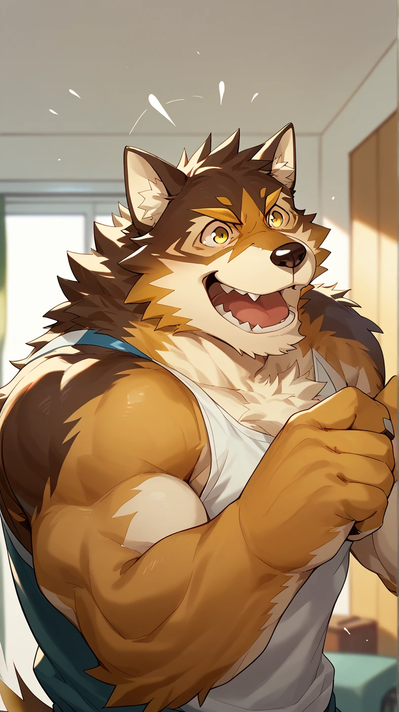 An orange male dog furry,sweat,Stick out your tongue,,blush,Kneeling