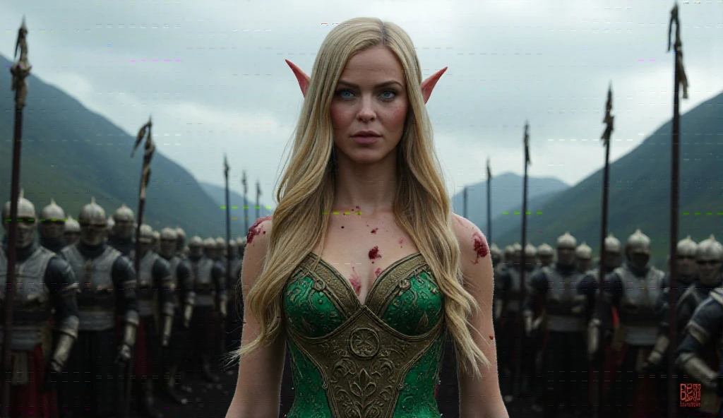 ((masterpiece)) ((photography)) ((Highest quality))  A hyper-realistic fantasy warrior elf woman standing in the center of an armored army with long spears. She has long blonde hair, sharp elven ears, and piercing blue eyes. Her face is fierce and determined, with blood splattered on her chest, hinting at recent battle. She wears an intricately designed green and bronze deep neckline light armored corset with ornate decorations resembling elven leaves and symbols, exposing her shoulders and toned arms. Her soldiers, wearing dark metallic helmets and plate armor, stand behind her, holding long spears, their expressions hidden beneath their helmets. The background features a misty battlefield with mountains in the distance. The overall atmosphere is tense, cinematic, and epic, under an overcast sky.