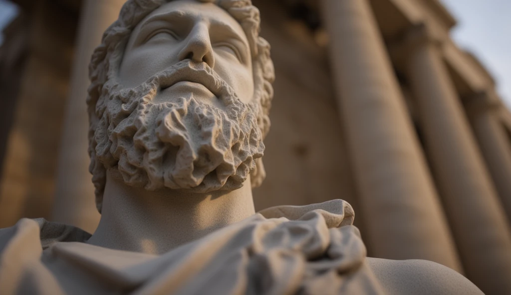 Closeup of a stoic Greek sculpture, virile physiques showcased prominently from the forefront, undeniably reminiscent of a statue of Marcus Aurelius or Zeus, muscle sinews intricately carved in stone, dominant Greek columns obscured gently in the background, cinematic ambiance, 8K resolution, steeped in obsidian hues.