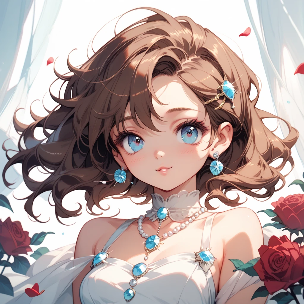 a slender woman sitting around roses((small breasts)), white dress, long brown hair, blue eyes, cute face, portrait, earrings made of pearl, contempting gaze, serenity, soft light