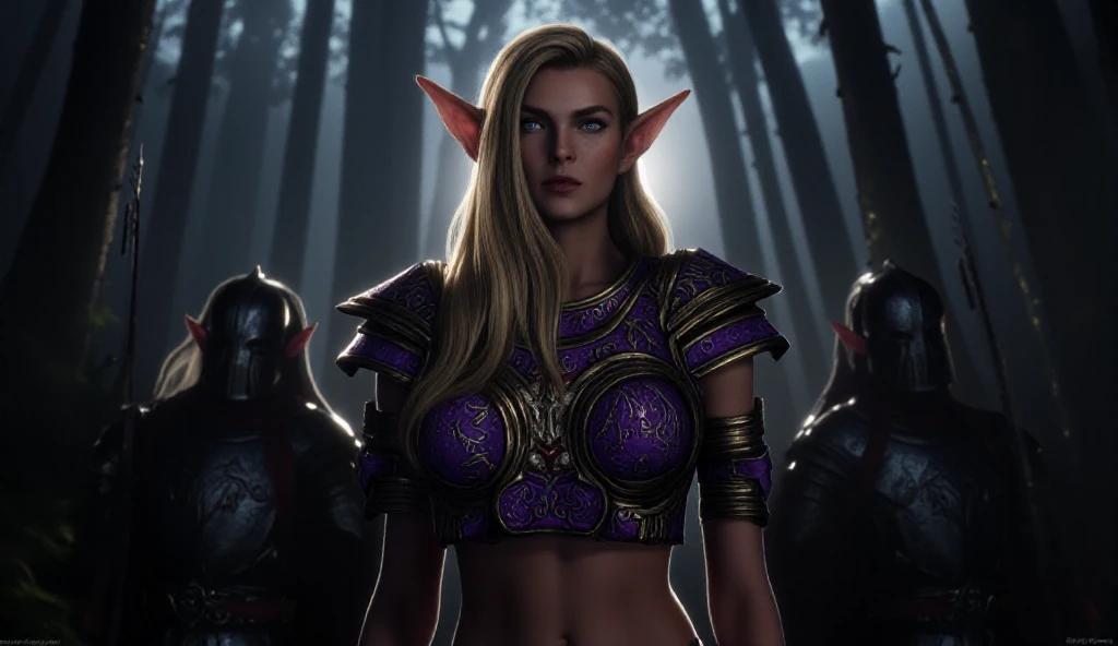 ((masterpiece)) ((photography)) ((Highest quality))  A hyper-realistic fantasy warrior elf woman standing in the center of a dark, misty forest. She has long blonde hair, sharp elven ears, and piercing blue eyes. Her face is fierce and determined, with blood splattered on her chest, hinting at a recent battle. She wears an intricately designed violet and bronze armored corset with ornate decorations resembling elven leaves and symbols, exposing her shoulders and toned arms. The scene is surrounded by tall, shadowy trees with dim light filtering through the thick canopy. Behind her, armored soldiers with dark metallic helmets and long spears stand silently, partially hidden by the forest mist. The atmosphere is dark, mysterious, and cinematic, with a haunting sense of tension under an overcast, twilight sky.