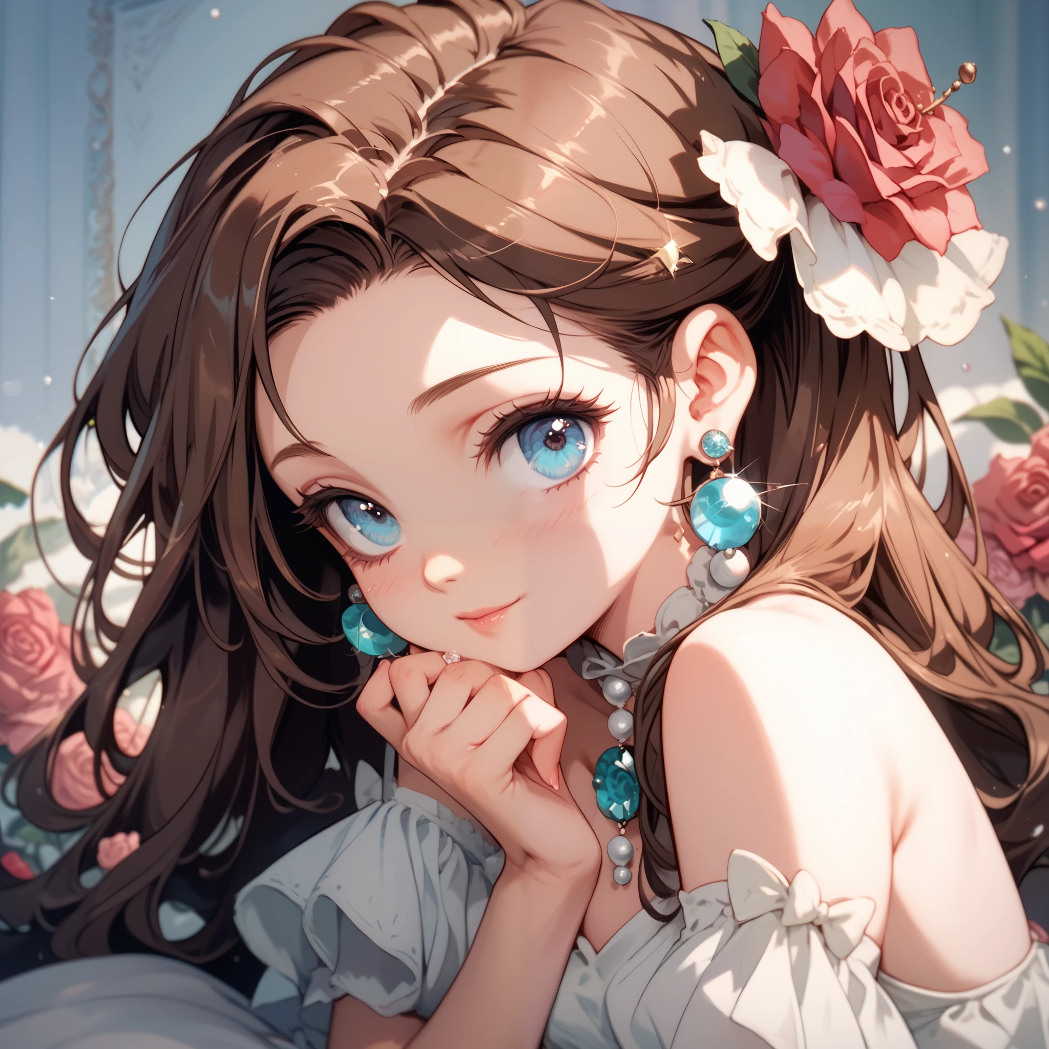 a slender woman sitting around roses((small breasts)), white dress, long brown hair, blue eyes, cute face, portrait, earrings made of pearl, contempting gaze, serenity, soft light