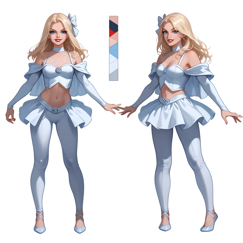 ((full body shot)) Emma Frost - Marvel , ((character design sheet)), masterpiece, best quality, highly detailed, score_9, score_8_up, score_7_up, score_6_up, anime font,BREAK , 2girl, long hair, blue eyes, hair bow, small breasts, bow, looking at viewer, freckles, parted lips, smile, full body, red lips, lips, side front, she looks at you, your gauze hurts, fishnets, white background, neutral cast, dance pose, shoulder pads, dominatrix, leather ballet slipper , gold

