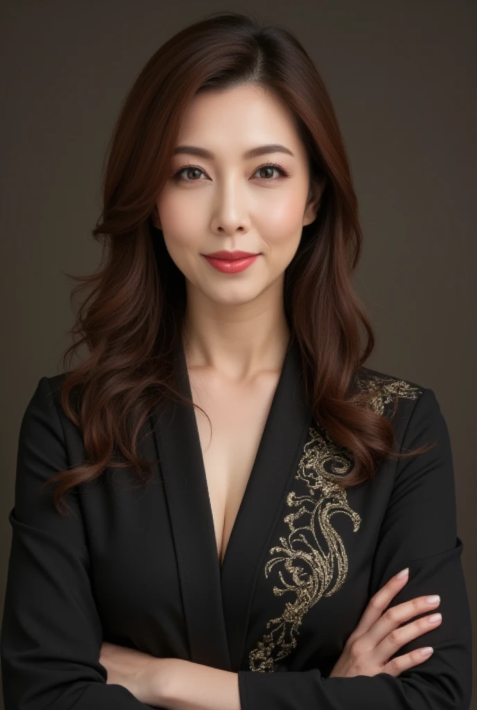 Mature Woman, ( Detailed description of the hair), (Detailed description of the face), (Detailed description of the body), high definition , masterpiece,  top quality ,  high detail, formal: 1.4), ( realistic : 1.2, 超 realistic な: 1.1,  realistic: 1.37), (Sharp focus: 1.4), medium hair, (Ultimate beauty), (lipstick:1.1), ( eyeliner :1.2), ( mascara), ( Eye Shadow ), (55 years old,: 1.4), Japanese、 closeup 、 fine lines of laughter :1.2、seductive smile,(Black x gold embroidered accent kimono)、( night sky or simple plain gradient background)、Happy Smile