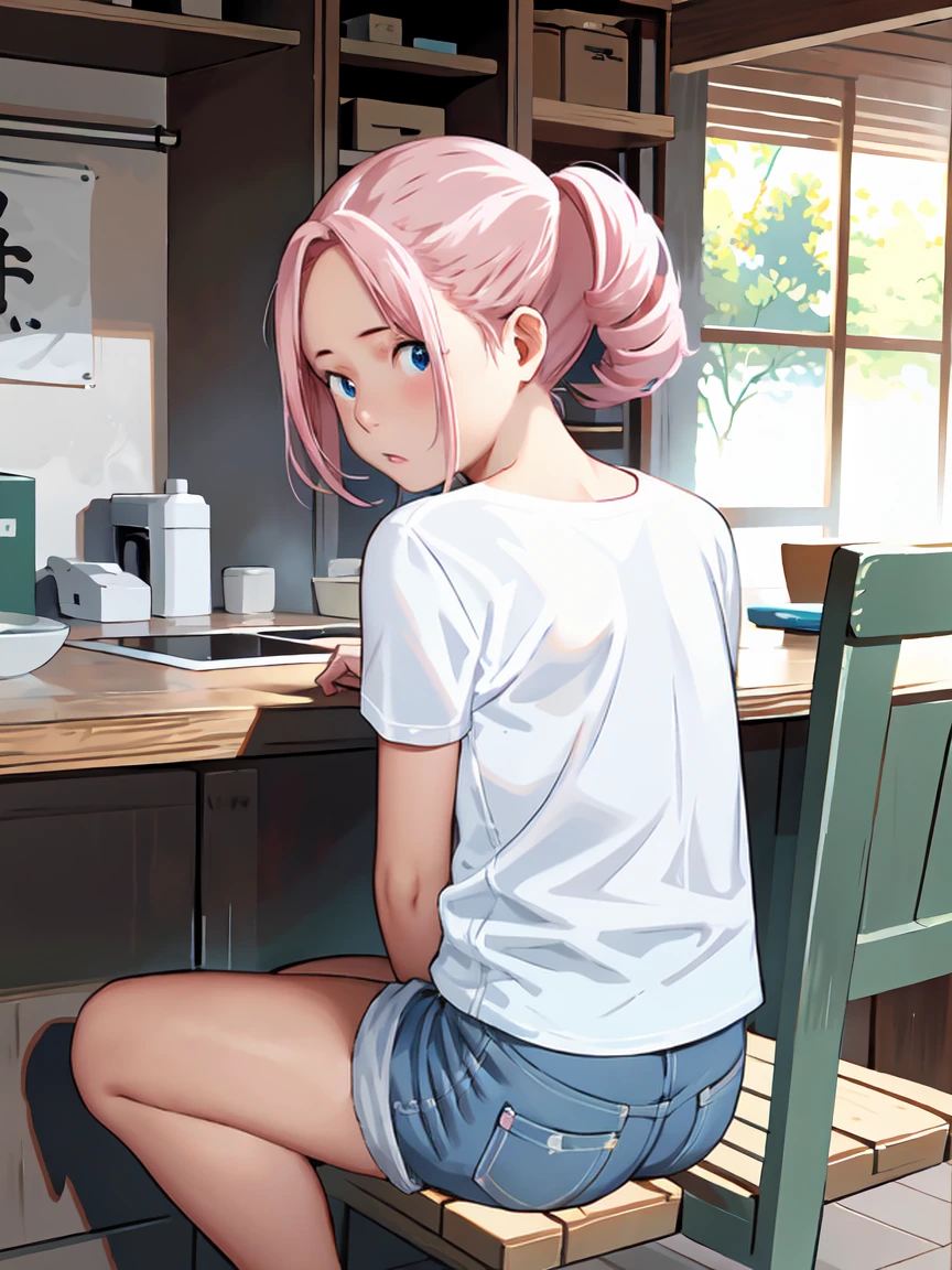 nsfw、 white t-shirt、 short denim hot pants、Sit with your back、、 Pink Haired Girl、 blue eyes、 twin drill、