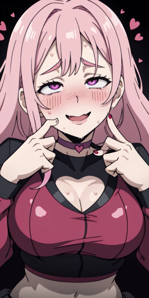 1girl,heart-shaped pupils,ahegao fingernails,hands on own face,pink hair,purple eyes,(blush:1.1),choker,upper body,trembling,sweat,sweatdrop,heart,(speed lines:1.1),medium breasts, ((heavy breathing:1.3)), love, heart, crop top, happy, smile