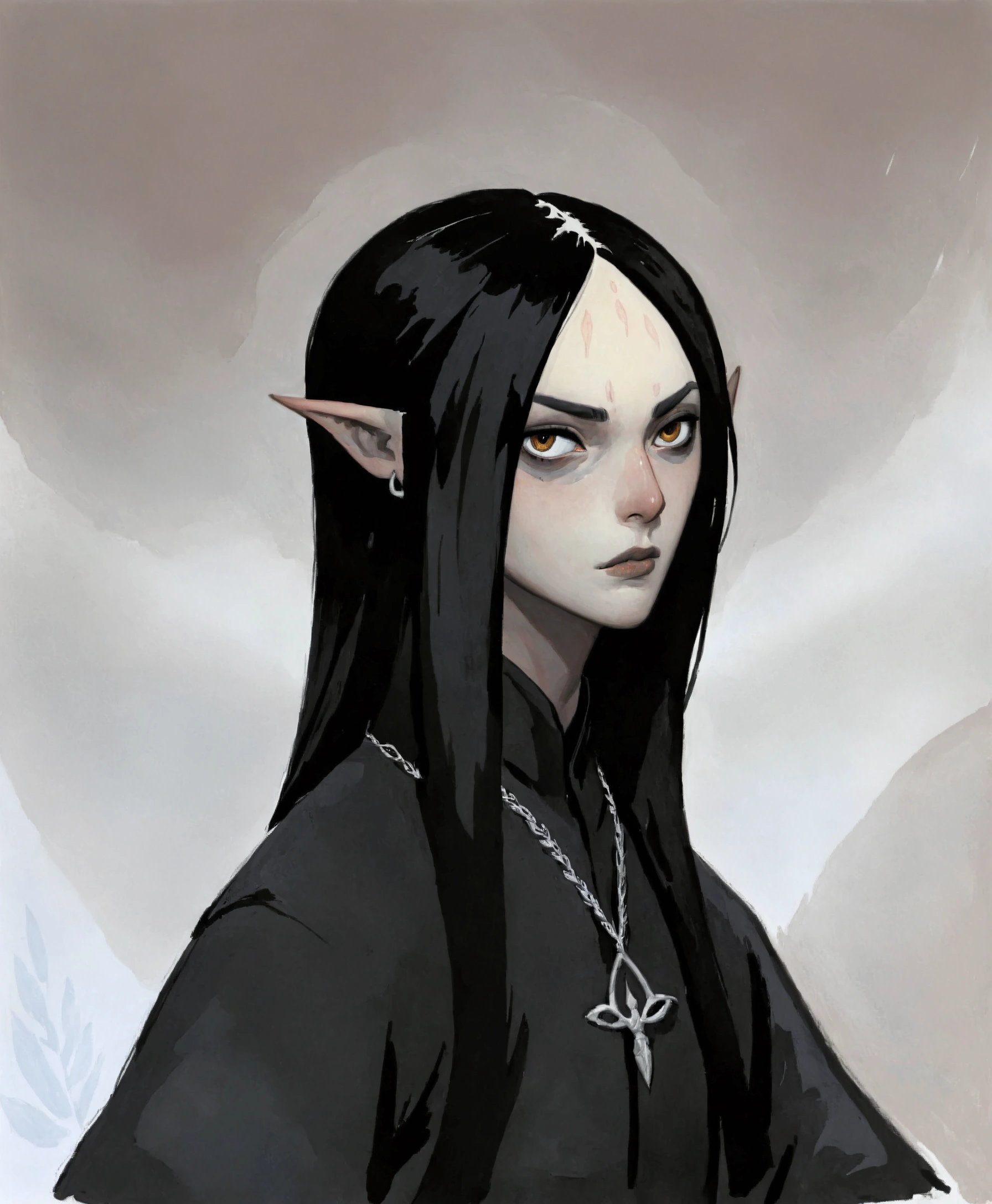 2D ART, hyper detailed gouache painting, illustration, gougoupaintleaves style, portrait of a man, 1boy, solo, black hair, side_cut_hairstyle, male_drow:1.5, dark elf, black eyes, black sclera, detailed face, handsome features, dark medieval tunic, pointy ears, standing in a dark forest, side pov, side view, perfil, looking away, on simple white background, full body shot, very detailed,