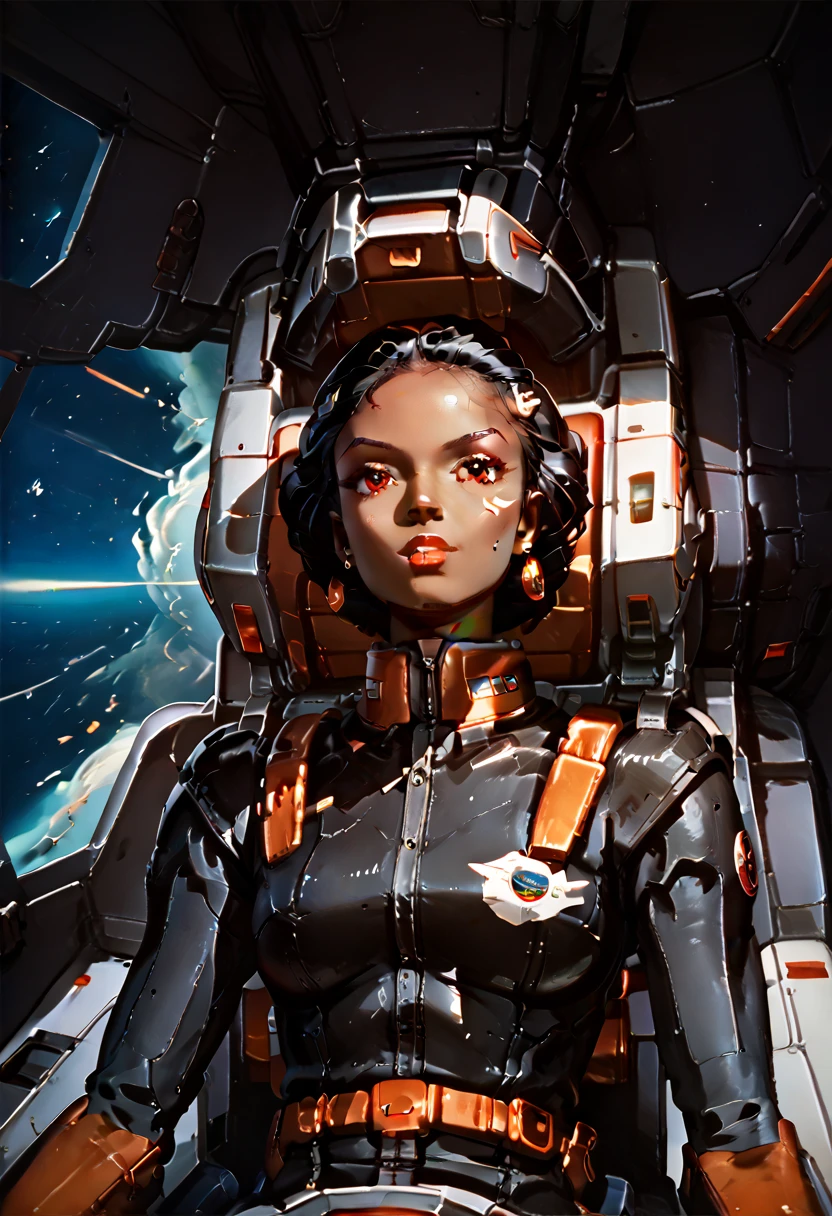  8k,girl pilot,black woman,black skin,red eyes,black suit,smooth hair,short hair,futuristic, sci-fi,space opera,piloting,cockpit,2000’s cartoon style, dynamic pose, stunning visual effects