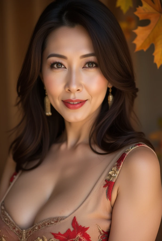 Mature Woman, ( Detailed description of the hair), (Detailed description of the face), (Detailed description of the body), high definition , masterpiece,  top quality ,  high detail, formal: 1.4), ( realistic : 1.2, 超 realistic な: 1.1,  realistic: 1.37), (Sharp focus: 1.4), medium hair, (Ultimate beauty), (lipstick:1.1), ( eyeliner :1.2), ( mascara), ( Eye Shadow ), (55 years old,: 1.4), Japanese、 closeup 、 fine lines of laughter :1.2、seductive smile,(Kimono with red x gold embroidery accent )、( autumn leaves and wooden studio background)、Happy Smile