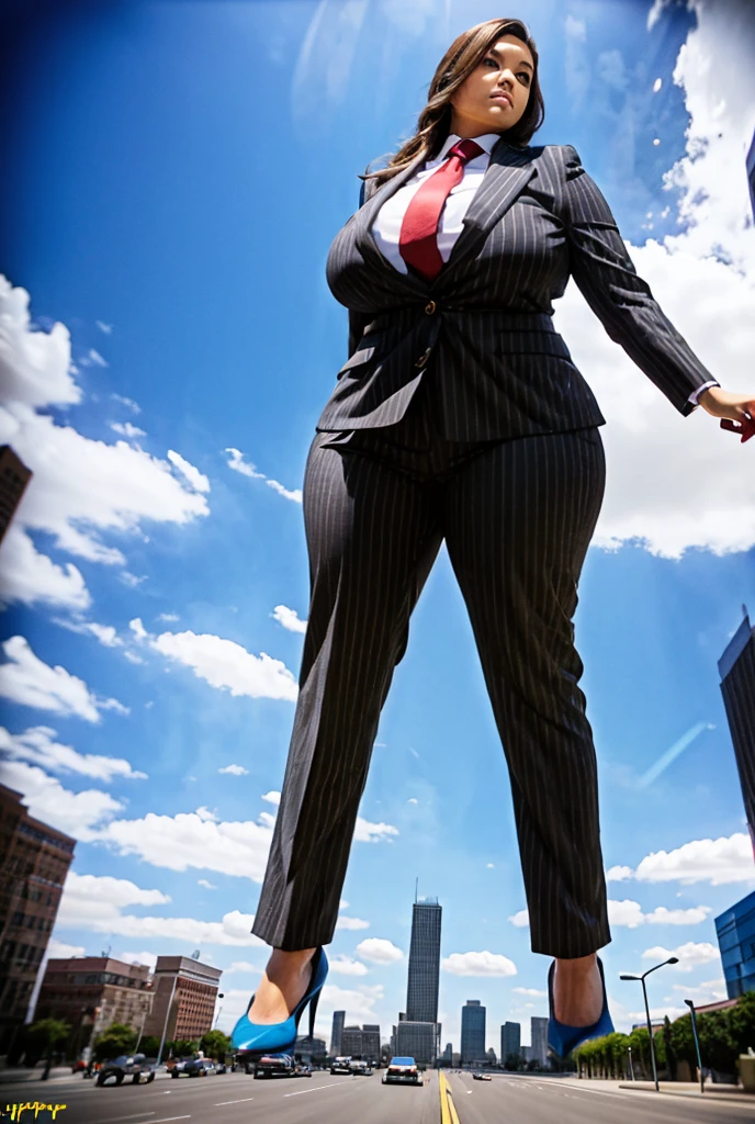 Looking up at the approaching young giantess from below, Giantess art, 100 miles tall giga giantess, sophisticated and stylish woman in a light grey italian pinstriped trouser suit, form fitting crisp white office shirt, and a large wide blue necktie in a windsor knot, with a beautiful, curvaceous figure, large natural breasts, and long wavey redhead hair, with a curvaceous figure and massive breasts. wearing blue rounded court high heels with uncovered feet and standing, rampage-like pose, with a city skyscrapers background of mega-city, skyscapers, partially obscured by a hazy, cloudy atmosphere. The image is a high-resolution, masterpiece-quality, cinematic, ultra-detailed, and hyper-photorealistic photograph, with perfect hands, face, and lighting. ultra-detailed, 8K, photo-realistic, hyper-realistic, masterpiece, intricate details, full body view. Looking at camera, The image is a high-resolution, masterpiece-quality, cinematic, ultra-detailed, and hyper-photorealistic photograph, with perfect hands, face, and lighting. ultra-detailed, 8K, photo-realistic, hyper-realistic, masterpiece, intricate details, viewed from below