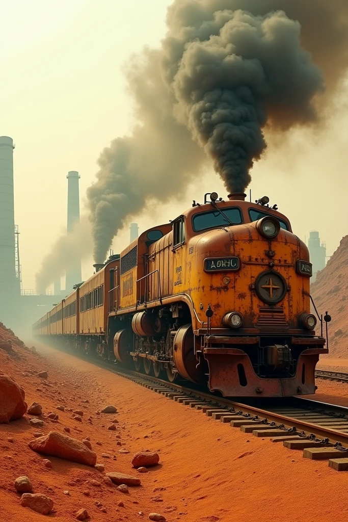 Here is a detailed description of the image in a point-wise format:

1. Rusty Train:

The central focus of the image is an old, rust-covered train sitting on railway tracks.

The train has a curved and vintage design with prominent, rounded front windows and headlights, reminiscent of mid-20th-century locomotives.

Its body is heavily corroded, with patches of orange-brown rust and peeling paint, indicating years of wear and neglect.



2. Train's Position and Tracks:

The train occupies the right side of the image, extending into the background.

It rests on an aged, slightly uneven track, surrounded by loose rocks and sand.

The wheels and undercarriage are partially visible and appear dusty, reinforcing the train's weathered state.



3. Surrounding Environment:

The ground is covered in reddish-orange sand, resembling a desert or barren wasteland.

Scattered rocks and boulders of various sizes are visible in the foreground, adding texture to the scene.

There is no vegetation, highlighting the harsh and lifeless environment.



4. Smoke Emissions:

Thick, dark smoke is billowing from the train’s chimney, rising into the sky.

The smoke is dense and textured, giving the impression that the train is still functional or recently operational despite its rusty state.

The dark gray smoke contrasts sharply against the lighter background.



5. Industrial Structures:

In the background, large cylindrical industrial towers dominate the scene.

These structures resemble smokestacks or refinery towers, suggesting the location may be an industrial zone or a dystopian setting.

The towers are tall and slightly weathered but appear more intact than the train.



6. Lighting and Atmosphere:

The lighting is soft and diffused, casting a warm, golden hue across the scene.

The hazy atmosphere creates a sense of heat and dust in the air, enhancing the desert-like environment.



7. Color Palette:

The image primarily uses warm tones, including rusted orange, brown, and red hues.