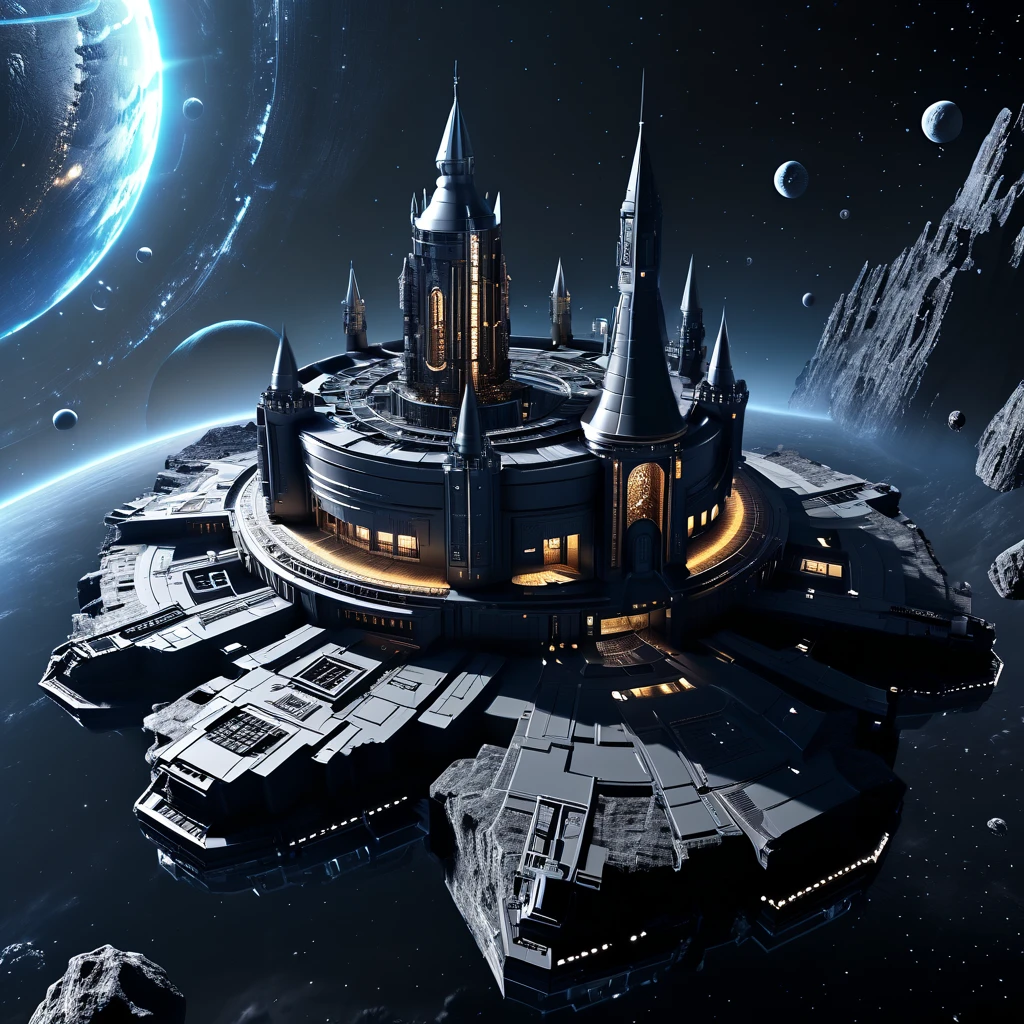 0u73r5p4c3, Schematic Drawing, a highly detailed and intricate schematic drawing of a futuristic castle floating in outer space on an asteroid, with twin stars in the background, seen from above, (best quality,4k,8k,highres,masterpiece:1.2),ultra-detailed,(realistic,photorealistic,photo-realistic:1.37),concept art,digital art,cinematic lighting,dramatic lighting,glowing energy,hyperrealistic,extremely detailed machinery,complex architecture,complex machinery,advanced technology,futuristic design,gleaming metal surfaces,scifi,intricate details,hard surface modeling,volumetric lighting,dramatic atmosphere,cinematic composition