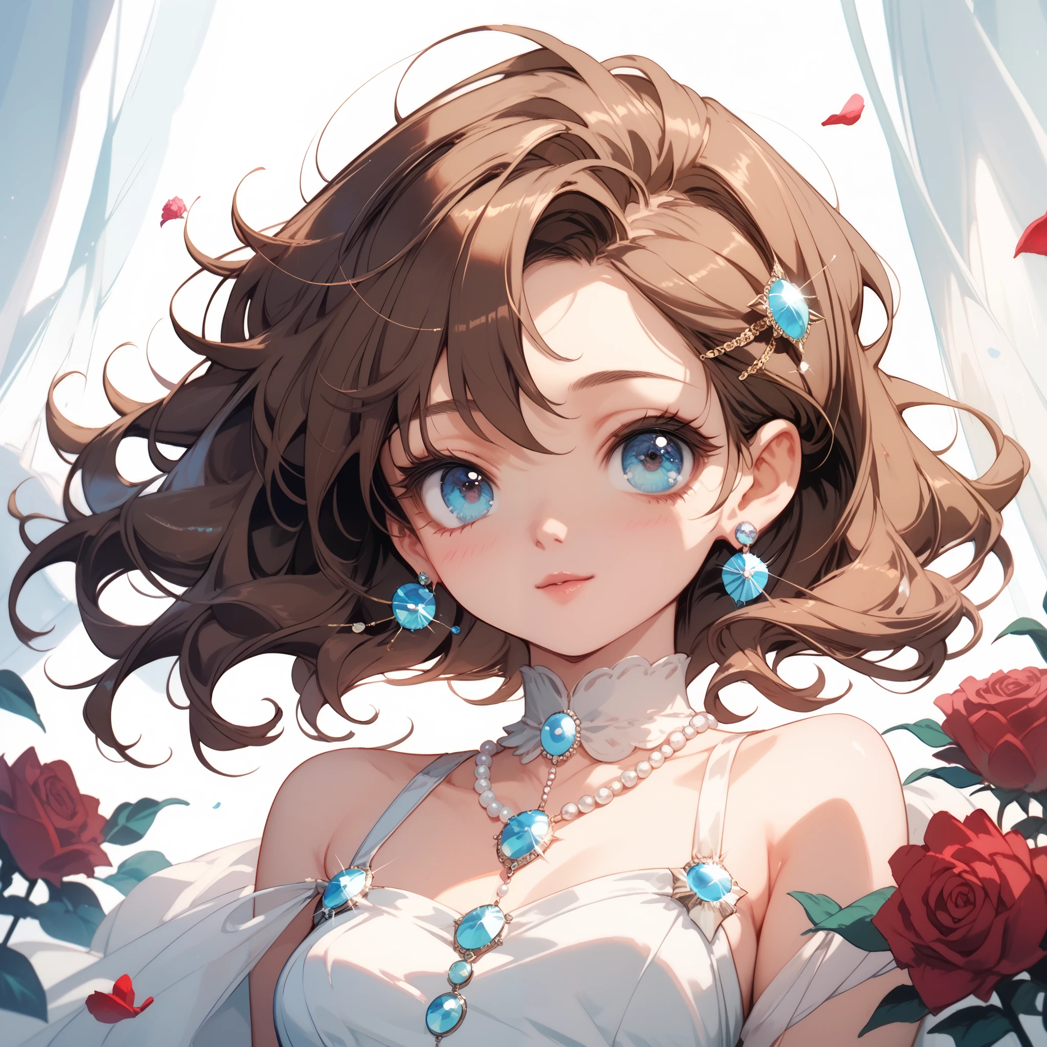 a slender woman sitting around roses((small breasts)), white dress, long brown hair, blue eyes, cute face, portrait, earrings made of pearl, contempting gaze, serenity, soft light