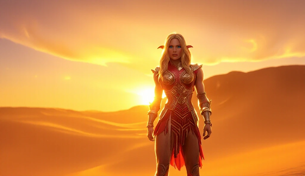 ((masterpiece)) ((photography)) ((Highest quality))  A hyper-realistic fantasy warrior elf woman standing atop a sun-scorched desert dune. She has long blonde hair, sharp elven ears, and piercing blue eyes. Her skin is bronzed from the harsh sun, and her expression is fierce and determined, with blood splattered on her chest, hinting at a recent battle. She wears an intricately designed red and bronze light armor, resembling elven craftsmanship with ornate details and leaf-like patterns. The armor is minimal, exposing her shoulders and toned arms, glinting under the burning sunlight. The desert stretches endlessly around her, with golden sand dunes and a blazing sun high in the cloudless sky. Heat waves distort the horizon, and faint sandstorms swirl in the distance. The atmosphere is intense, cinematic, and dramatic, capturing the harsh beauty of the desert.