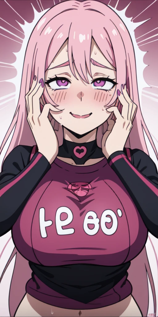 1girl,heart-shaped pupils,ahegao fingernails,hands on own face,pink hair,purple eyes,(blush:1.1),choker,upper body,trembling,sweat,sweatdrop,heart,(speed lines:1.1),medium breasts, ((heavy breathing:1.3)), love, heart, crop top, happy, smile