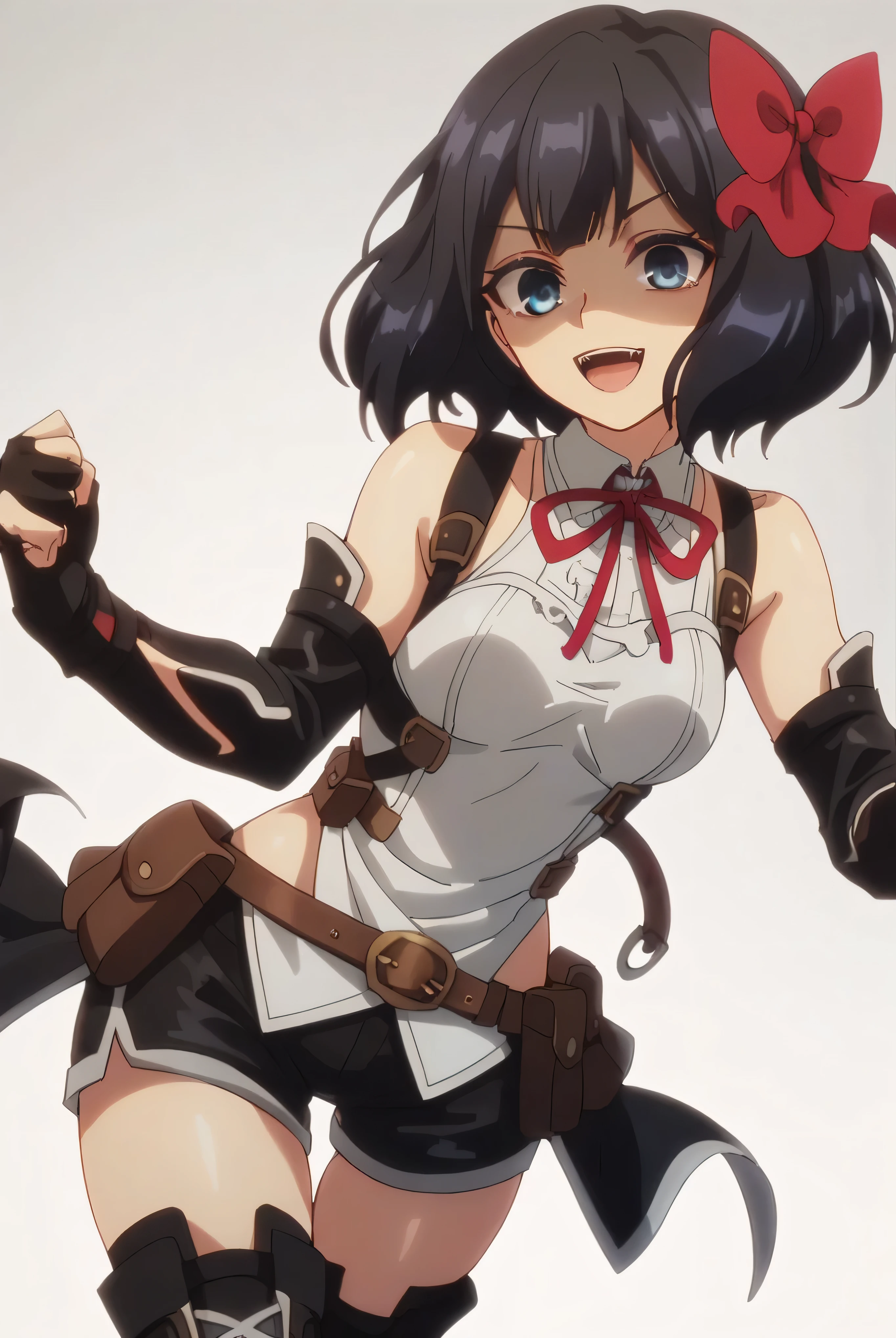 (score_9,score_8_up,score_7_up, ),TXWL_DN,1girl,solo,black hair,fingerless gloves,thighhighs,blue eyes,short hair,black thighhighs,shade shaded face(eyes in shadow),,red ribbon,black gloves,hair bow,belt,detached sleeves,black shorts,belt pouch,cowboy_shot,simple_background,gray_background,shirt,thigh_boots,evil laugh,