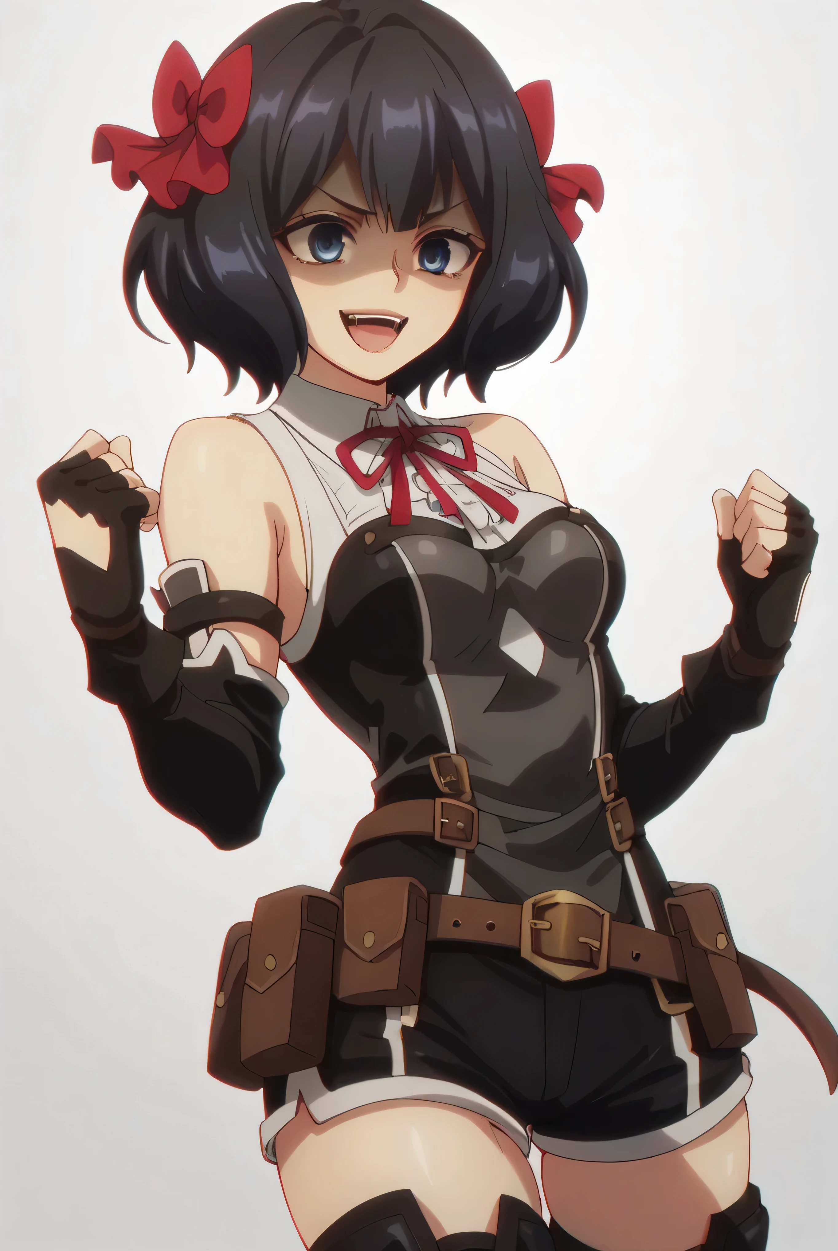 (score_9,score_8_up,score_7_up, ),TXWL_DN,1girl,solo,black hair,fingerless gloves,thighhighs,blue eyes,short hair,black thighhighs,shade shaded face(eyes in shadow),,red ribbon,black gloves,hair bow,belt,detached sleeves,black shorts,belt pouch,cowboy_shot,simple_background,gray_background,shirt,thigh_boots,evil laugh,