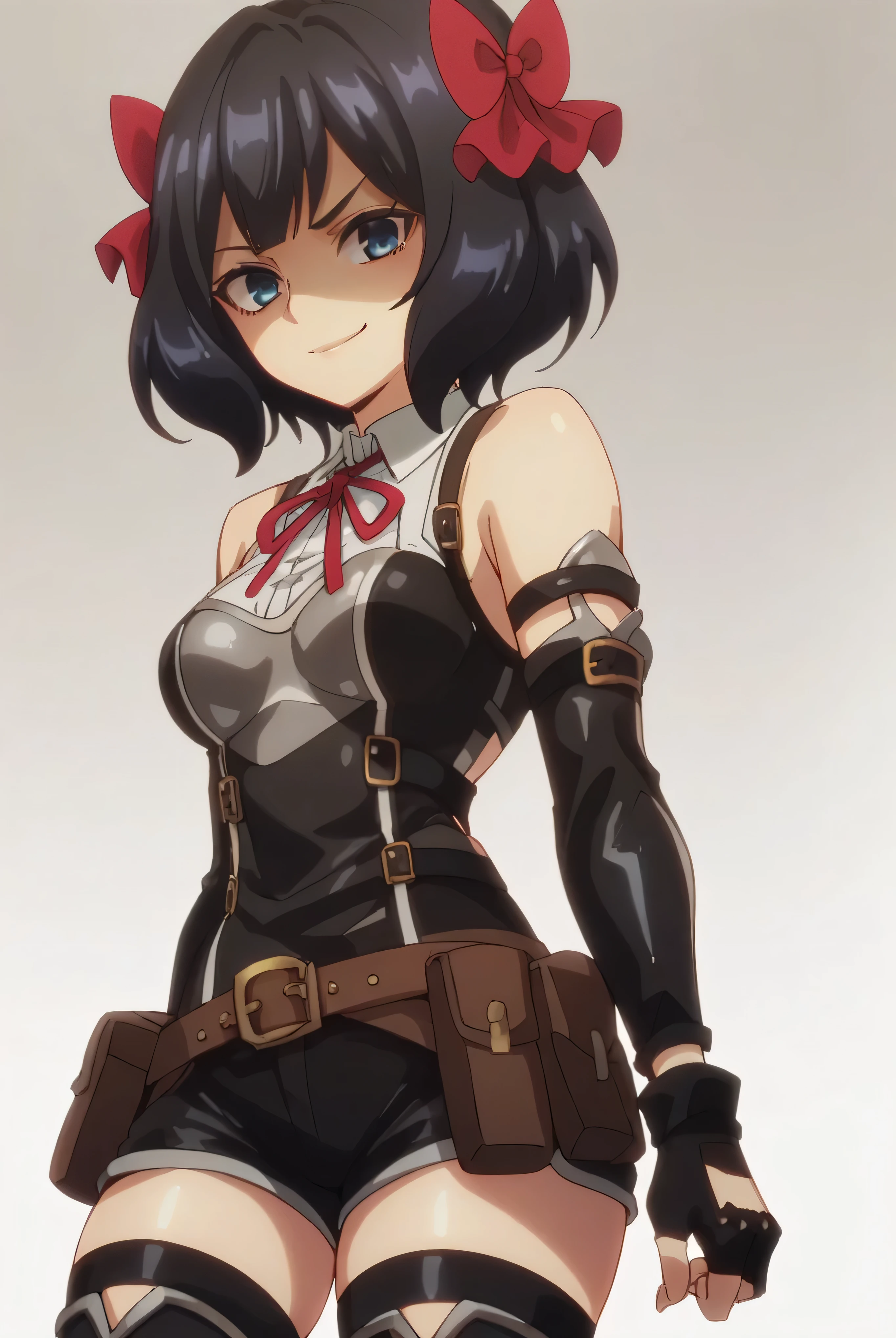 (score_9,score_8_up,score_7_up, ),TXWL_DN,1girl,solo,black hair,fingerless gloves,thighhighs,blue eyes,short hair,black thighhighs,shade shaded face(eyes in shadow),,red ribbon,black gloves,hair bow,belt,detached sleeves,black latex shorts,belt pouch,cowboy_shot,,,shirt,latex thighhigh_boots,evil smirk,,