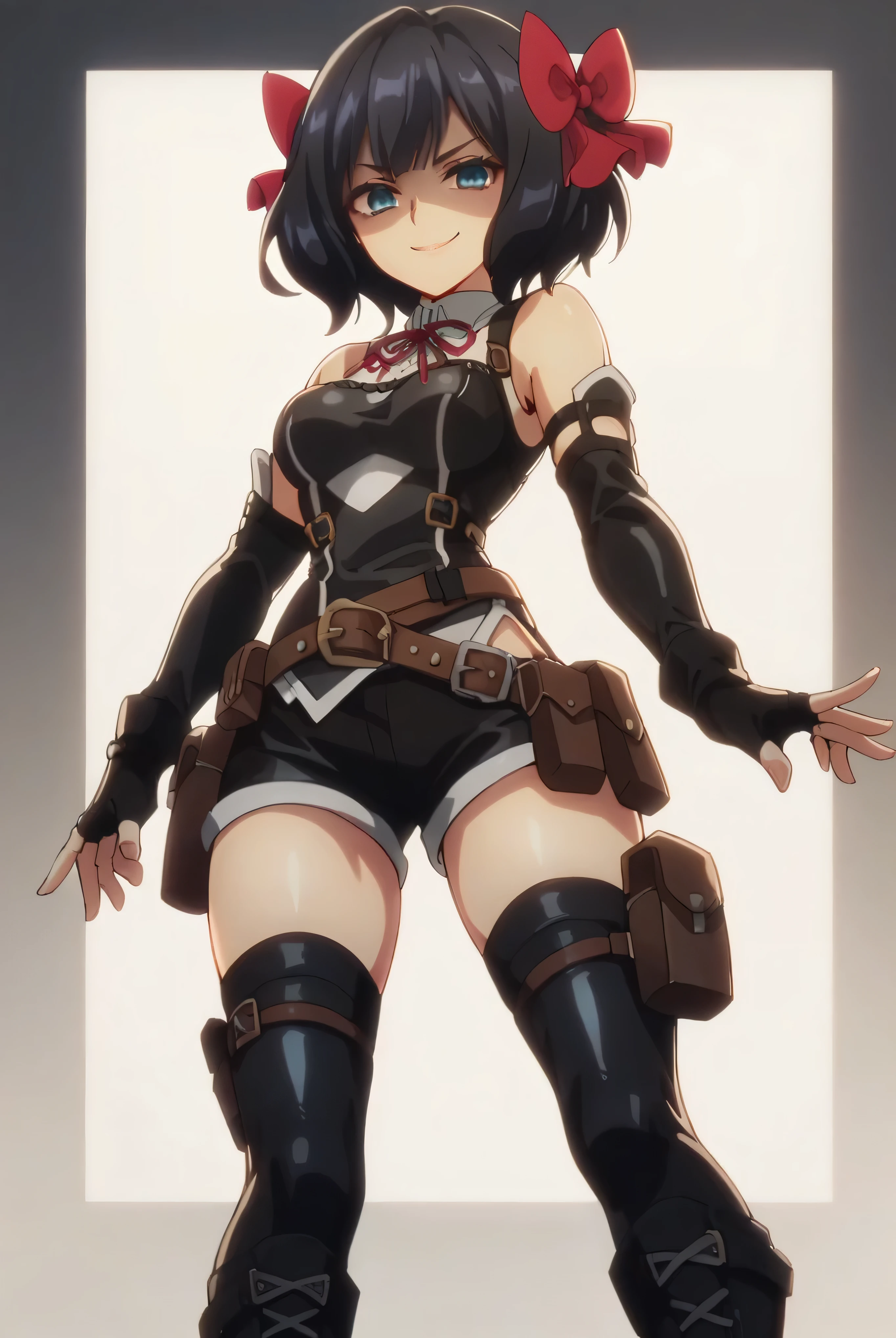 (score_9,score_8_up,score_7_up, ),TXWL_DN,1girl,solo,black hair,fingerless gloves,thighhighs,blue eyes,short hair,black thighhighs,shade shaded face(eyes in shadow),,red ribbon,black gloves,hair bow,belt,detached sleeves,black latex shorts,belt pouch,cowboy_shot,,,shirt,latex thighhigh_boots,evil smirk,,