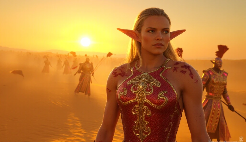 ((masterpiece)) ((photography)) ((Highest quality))  A hyper-realistic fantasy warrior elf woman standing atop a sun-scorched desert dune. She has long blonde hair, sharp elven ears, and piercing blue eyes. Her skin is bronzed from the harsh sun, and her expression is fierce and determined, with blood splattered on her chest, hinting at a recent battle. She wears an intricately designed red and bronze light armor, resembling elven craftsmanship with ornate details and leaf-like patterns. The armor is minimal, exposing her shoulders and toned arms, glinting under the burning sunlight. Behind her, an army of elven soldiers stretches across the dunes, their light armor shimmering in the heat, holding long spears and banners that flutter weakly under the scorching sun. The desert is vast, with golden sand dunes and a blazing sun high in the cloudless sky. Heat waves distort the horizon, and faint sandstorms swirl in the distance. The atmosphere is intense, cinematic, and dramatic, capturing the harsh beauty of the desert and the imposing presence of the warrior and her army.