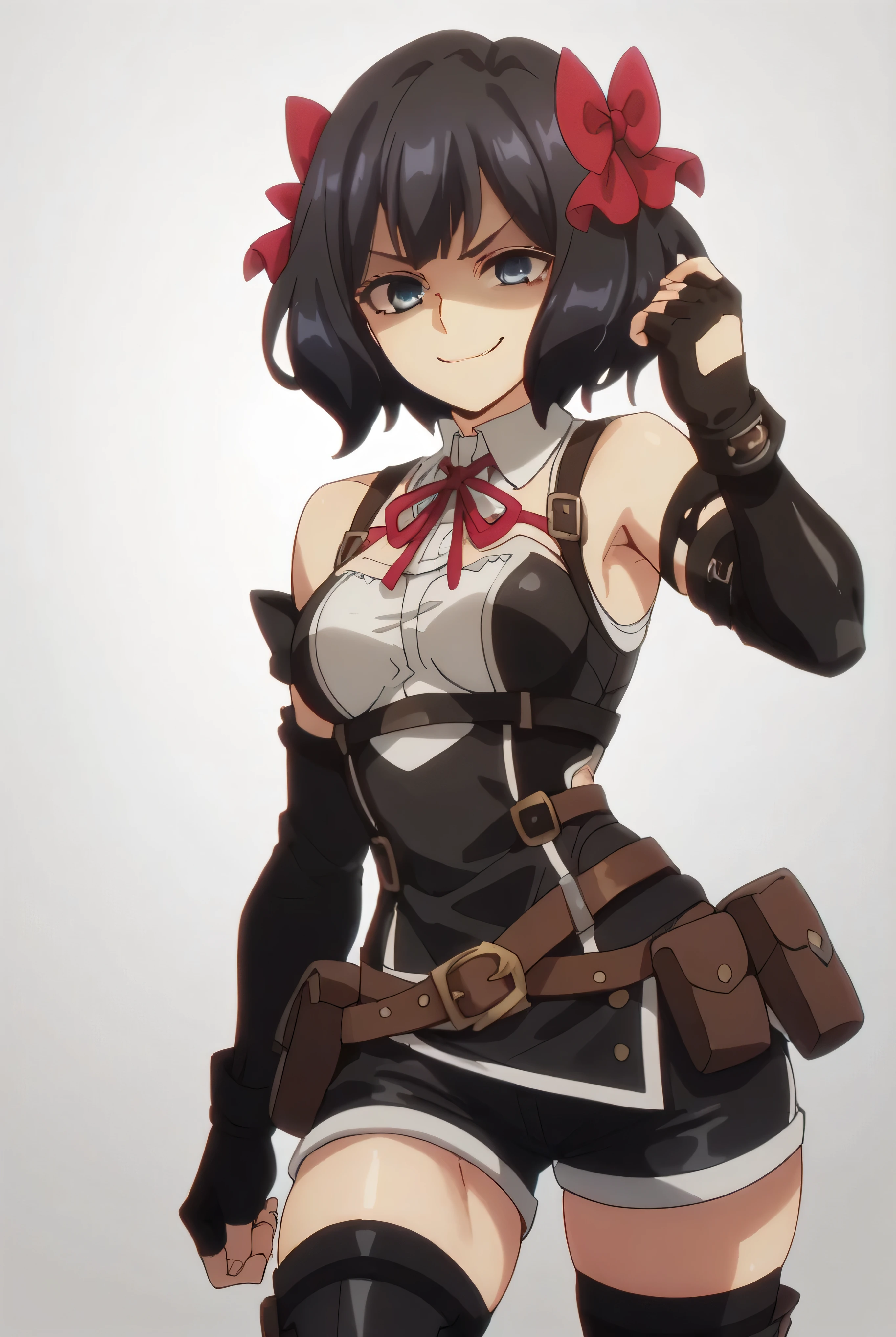 (score_9,score_8_up,score_7_up, ),TXWL_DN,1girl,solo,black hair,fingerless gloves,thighhighs,blue eyes,short hair,black thighhighs,shade shaded face(eyes in shadow),,red ribbon,black gloves,hair bow,belt,detached sleeves,black latex shorts,belt pouch,cowboy_shot,,,shirt,latex thighhigh_boots,evil smirk,,