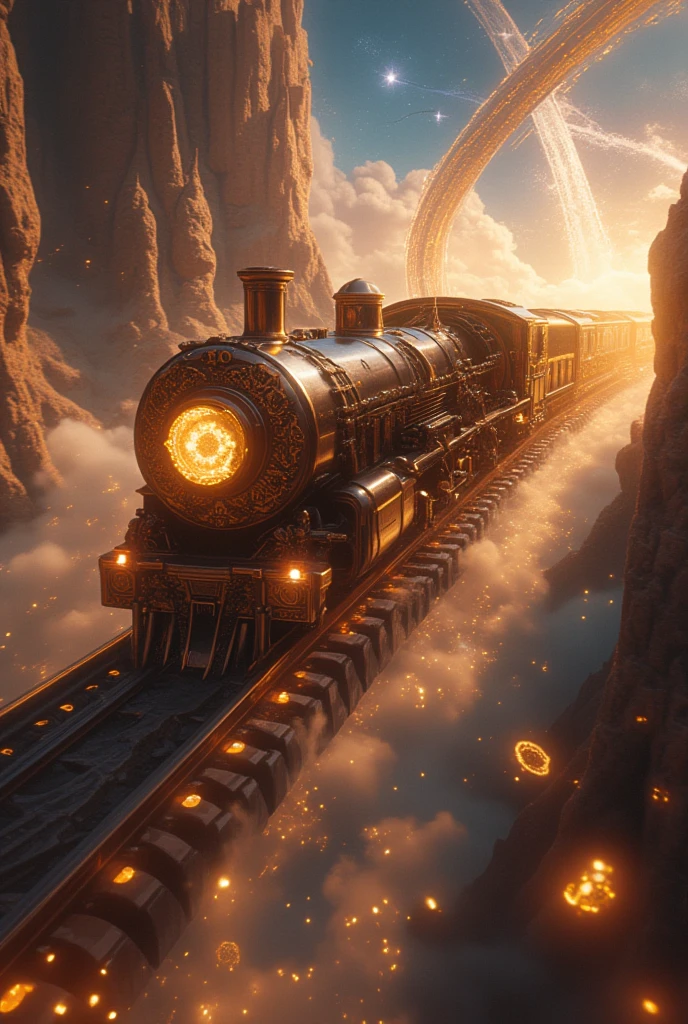 A dutch angle of a magnificent time-traveling train running towards the back of the screen, descending so fast that it looks like it is going to break into pieces through a surreal, fantastical roller coaster. Cosmos stars. lightning strikes the world. The train is sleek and metallic, with glowing gears and clockwork mechanisms embedded into its design. Its windows emit a soft golden light. The tracks float up and down into a endless swirling vortex of time, with glowing particles, fragments of clocks, the train comes fast down for the rail towards the time vortex, and faint historical landmarks from different eras appearing in the mist below, . The sky is a blend of vibrant, swirling colors — hues of gold, blue, and purple — with streaks of light and stars forming trails, as if bending time itself. The overall atmosphere is adrenalinic, fast, vertigo, magical, with intricate details showcasing the train's advanced yet vintage design, combining steampunk elements with futuristic aesthetics. dutch angle
