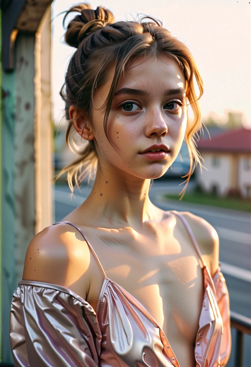 (Cinematic photo: 1.3) From (really: 1.3), (comfortable: 1.3) Beautiful  girl, (difficult messy bun of light brown hair), высокодеталFromированная текстура кожи, skinny shoulders, realistic texture кожи, looks straight into the camera, (looks at the viewer), pout, pastel, Shine, Dramatic, Dreamy, pastelный цветочный сад, Thin, skinny, gentle, Высокая деталFromация, difficult, digital painting, Fantasy theme,skinny , bare belly, Fantasy concept art , Fantasy Characters, Beautiful teenage girl, Perfect body, highly detailed full-length shot, Dreamy, pastel, watercolor, strange, gentle, highly detailed texture, realistic texture, digital painting, высокодеталFromированная фотография (art deco: 1.3), (ФотореалFromм: 1.3), (Классический реалFromм: 1.3), (Fujifilm Superia: 1.3), Natural, golden hour light