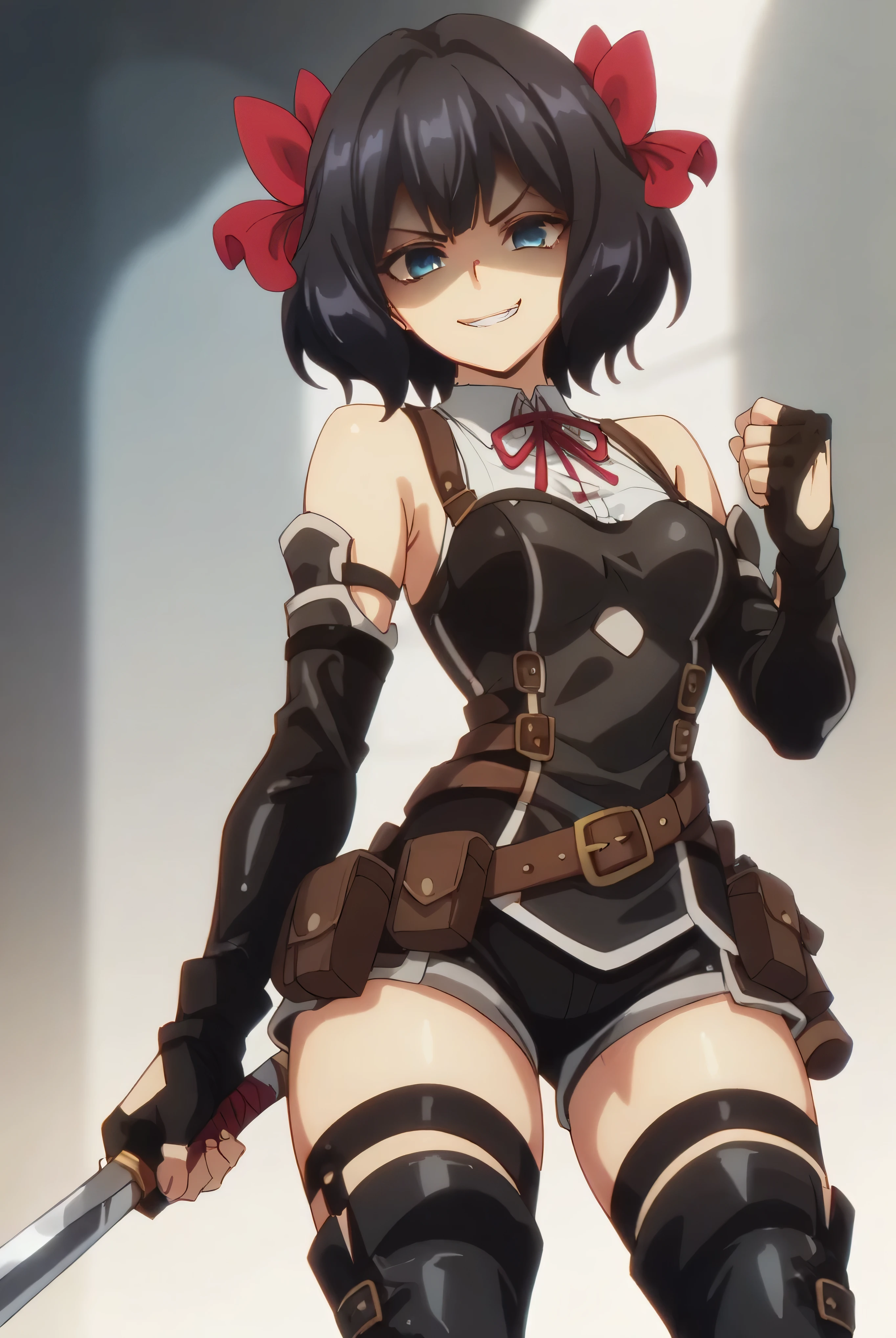 (score_9,score_8_up,score_7_up, ),TXWL_DN,1girl,solo,black hair,fingerless gloves,thighhighs,blue eyes,short hair,black thighhighs,shade shaded face(eyes in shadow),,red ribbon,black gloves,hair bow,belt,detached sleeves,black latex shorts,belt pouch,cowboy_shot,,,shirt,latex thighhigh_boots,evil smirk,,feet,violence,