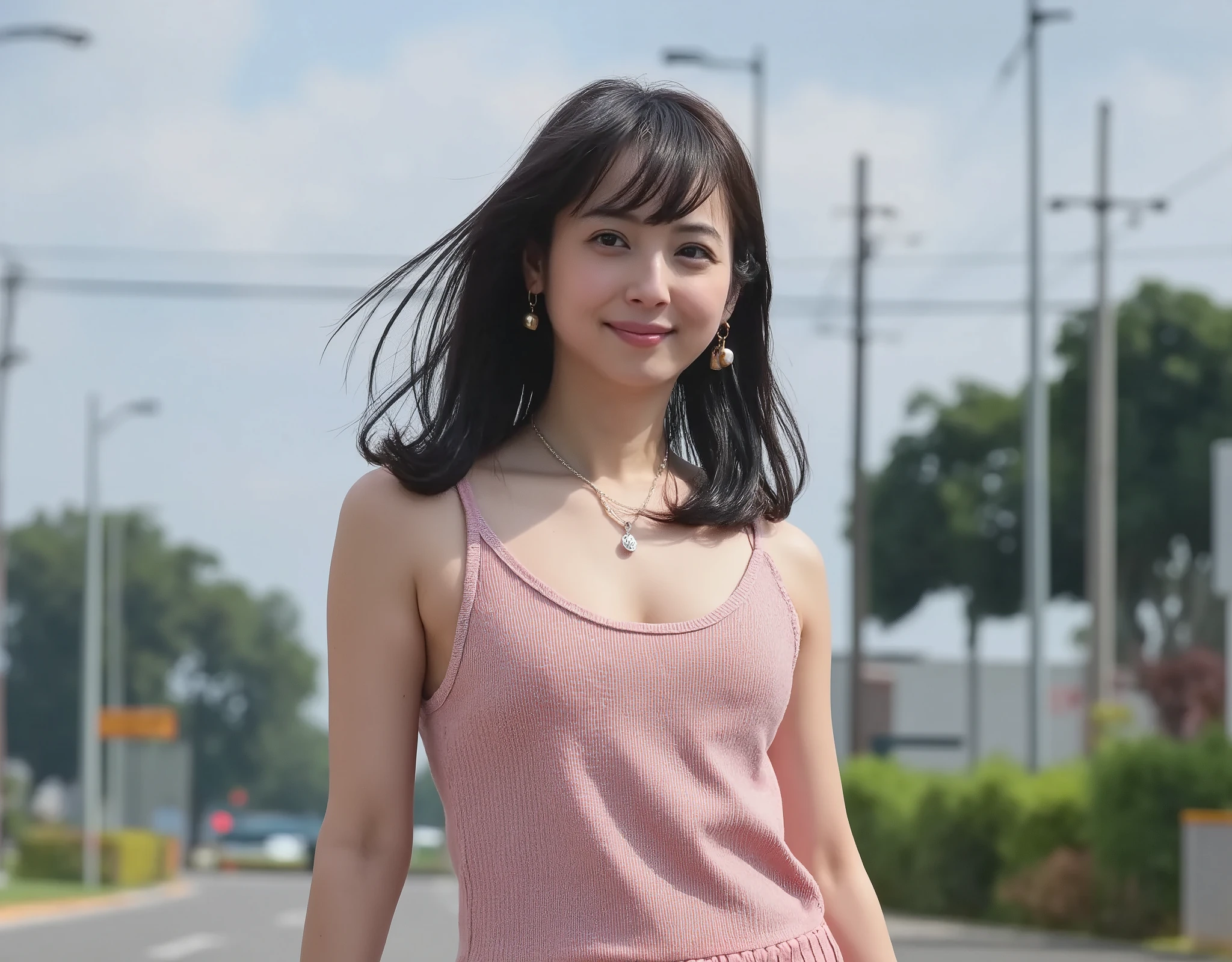 Araffe woman in pink dress walking down the street with a purse - SeaArt AI