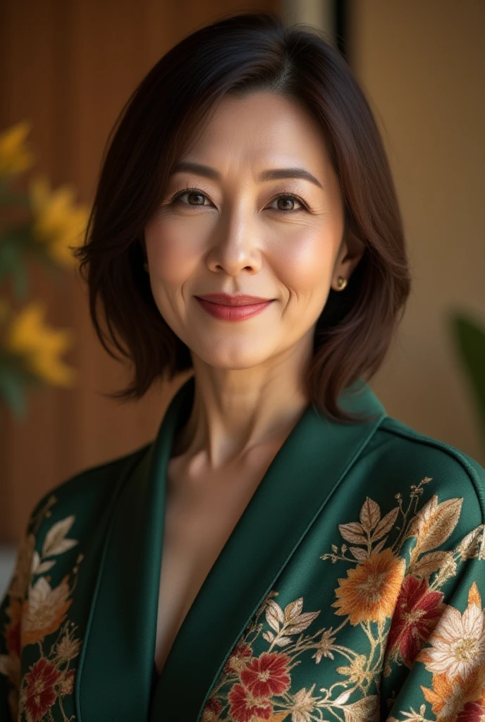 Mature Woman, ( Detailed description of the hair), (Detailed description of the face), (Detailed description of the body), high definition , masterpiece,  top quality ,  high detail, formal: 1.4), ( realistic : 1.2, 超 realistic な: 1.1,  realistic: 1.37), (Sharp focus: 1.4), medium hair, (Ultimate beauty), (lipstick:1.1), ( eyeliner :1.2), ( mascara), ( Eye Shadow ), (55 years old,: 1.4), Japanese、 closeup 、 fine lines of laughter :1.2、seductive smile,(Dark green and gold embroidered accent kimono)、( autumn leaves and wooden studio background)、Happy Smile