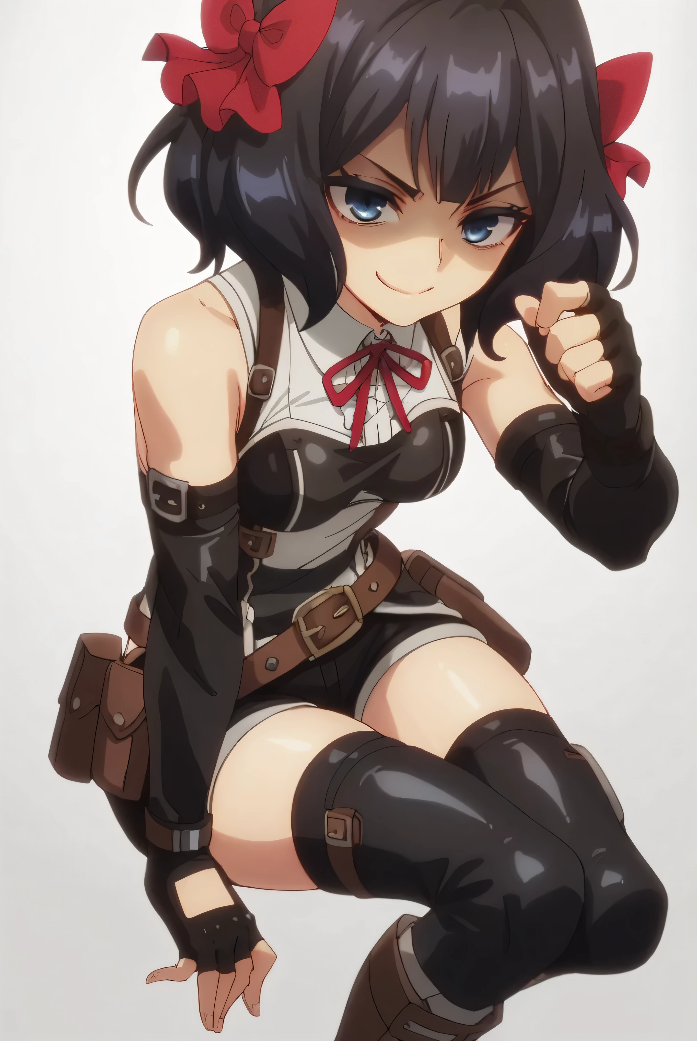 (score_9,score_8_up,score_7_up, ),TXWL_DN,1girl,solo,black hair,fingerless gloves,thighhighs,blue eyes,short hair,black thighhighs,shade shaded face(eyes in shadow),,red ribbon,black gloves,hair bow,belt,detached sleeves,black latex shorts,belt pouch,cowboy_shot,,,shirt,latex thighhigh_boots,evil smirk,,feet,violence,