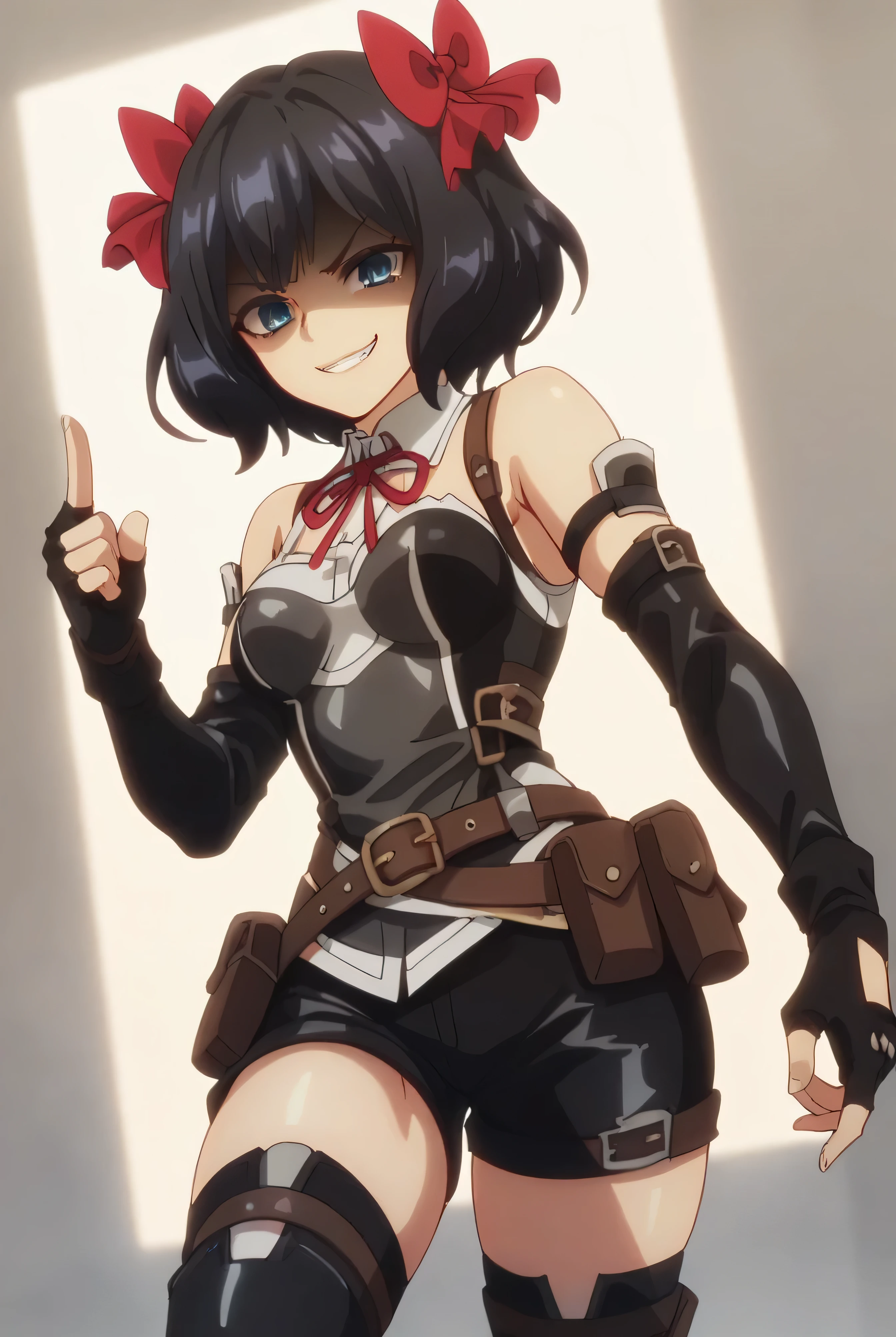 (score_9,score_8_up,score_7_up, ),TXWL_DN,1girl,solo,black hair,fingerless gloves,thighhighs,blue eyes,short hair,black thighhighs,shade shaded face(eyes in shadow),,red ribbon,black gloves,hair bow,belt,detached sleeves,black latex shorts,belt pouch,cowboy_shot,,,shirt,latex thighhigh_boots,evil smirk,,feet,violence,