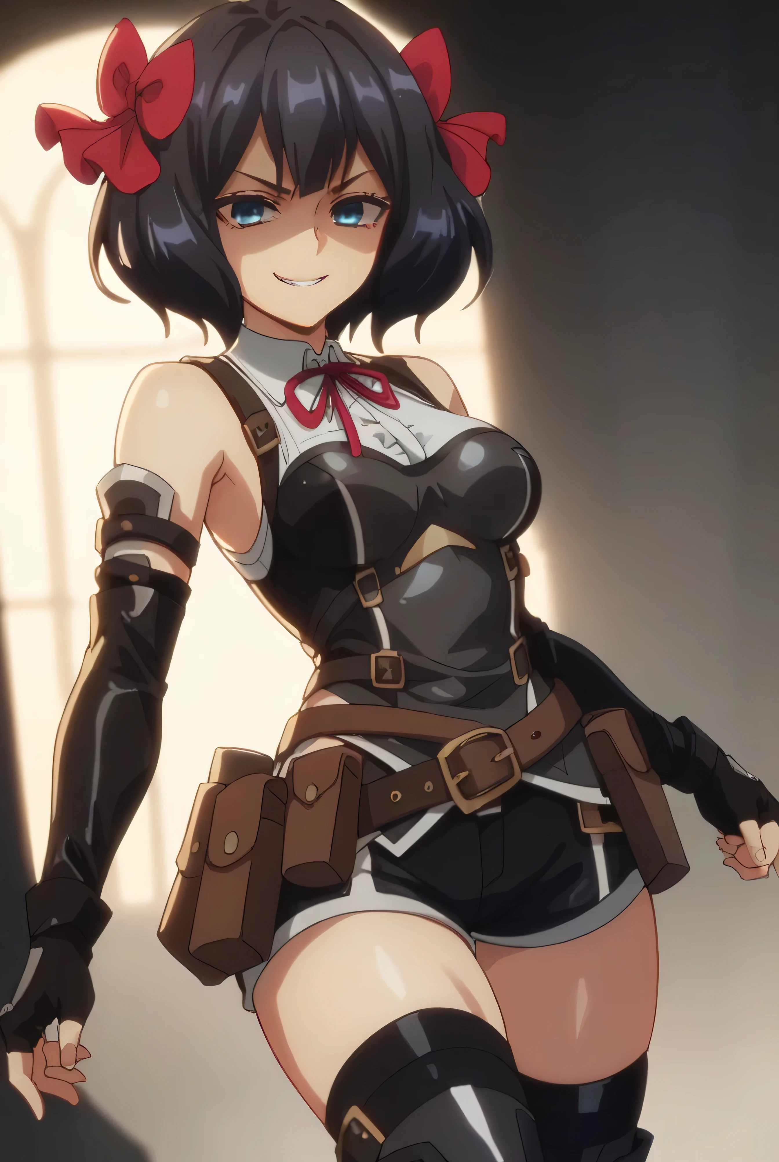 (score_9,score_8_up,score_7_up, ),TXWL_DN,1girl,solo,black hair,fingerless gloves,thighhighs,blue eyes,short hair,black thighhighs,shade shaded face(eyes in shadow),,red ribbon,black gloves,hair bow,belt,detached sleeves,black latex shorts,belt pouch,cowboy_shot,,,shirt,latex thighhigh_boots,evil smirk,,feet,violence,