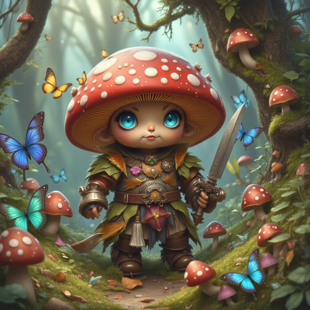 The image depicts a whimsical character known as a "mushroom warrior" or "mushroom knight." This character has a large, red and white spotted mushroom cap for a head, with a facial expression characterized by two glowing blue eyes. The figure is dressed in a stylized outfit resembling natural elements, suggesting a connection to the forest environment, and carries a small sword. The background features lush greenery, vibrant butterflies, and smaller mushrooms, creating a magical, woodland atmosphere. The overall aesthetic is colorful and enchanting, typical of fantasy art.