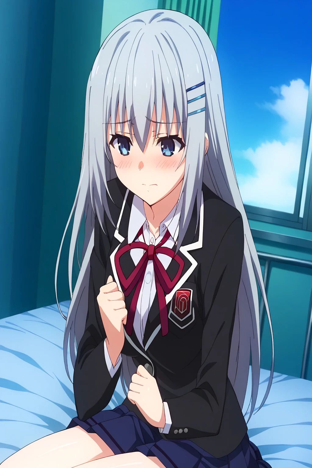 score_9, score_8_up, score_7_up, Origami - Inverted ,  1 girl,  long hair, hair accessories,  hair clip, Gray Hair, bangs,  blue eyes, chest,  skirt,  school uniform,  jacket,  blazer,  Ori Uniform, Anime_ style for stilets,  bedroom,  bed,  bedに横になっている, Front View,  Dutch Angle, embarrassed expression