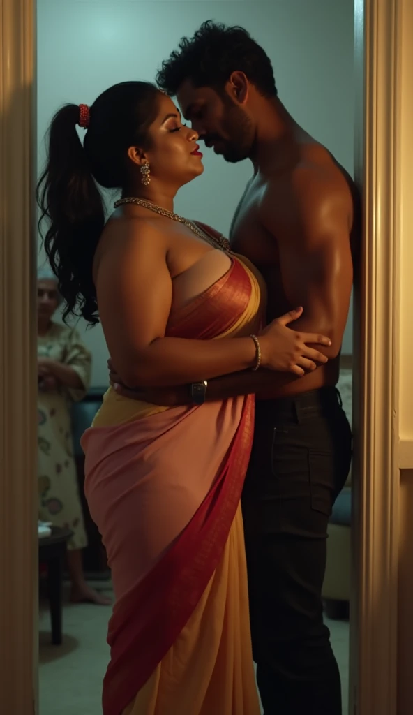 A curvy Indian Mature Aunty, Having Grey Hair tied behind her Head, Wet and Nude with Large Breasts, Lying on Bed and Kissing a 1 BOY Sensually lying above Her, Dim Lamp lit in the room.