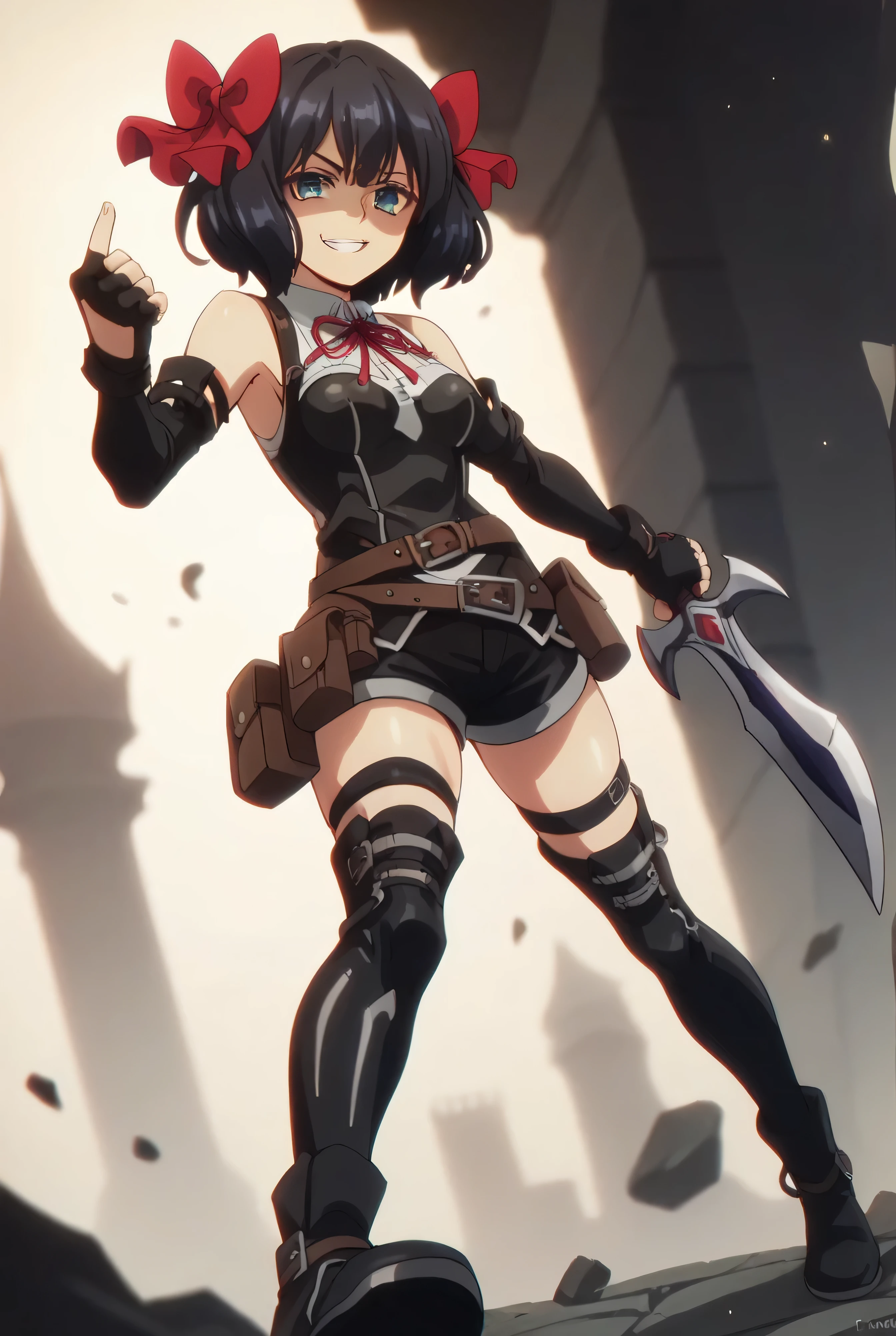 (score_9,score_8_up,score_7_up, ),TXWL_DN,1girl,Alone,black hair,fingerless gloves,thighhighs,blue eyes,short hair,black thighhighs,shade shaded face(eyes in shadow),,red ribbon,black gloves,hair bow,belt,detached sleeves,black latex shorts,belt pouch,cowboy_shot,,,shirt,latex thighhigh_boots,evil smirk,,feet,violence,Devastation,