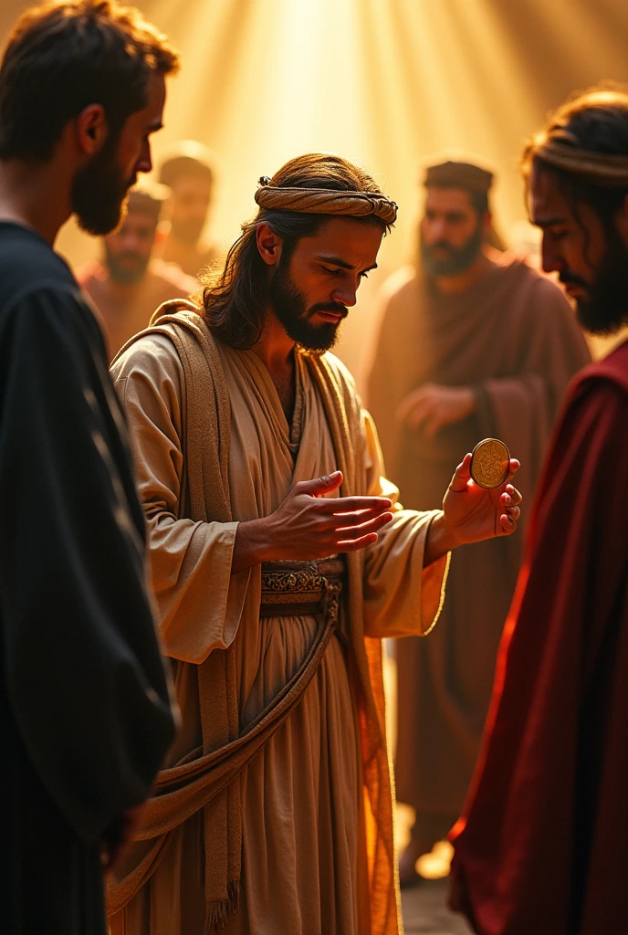 "An origami-style scene of Jesus holding a coin in his hand, surrounded by Roman tax collectors. A subtle golden light shines on him, contrasting with the dark, imposing figures of the state."

