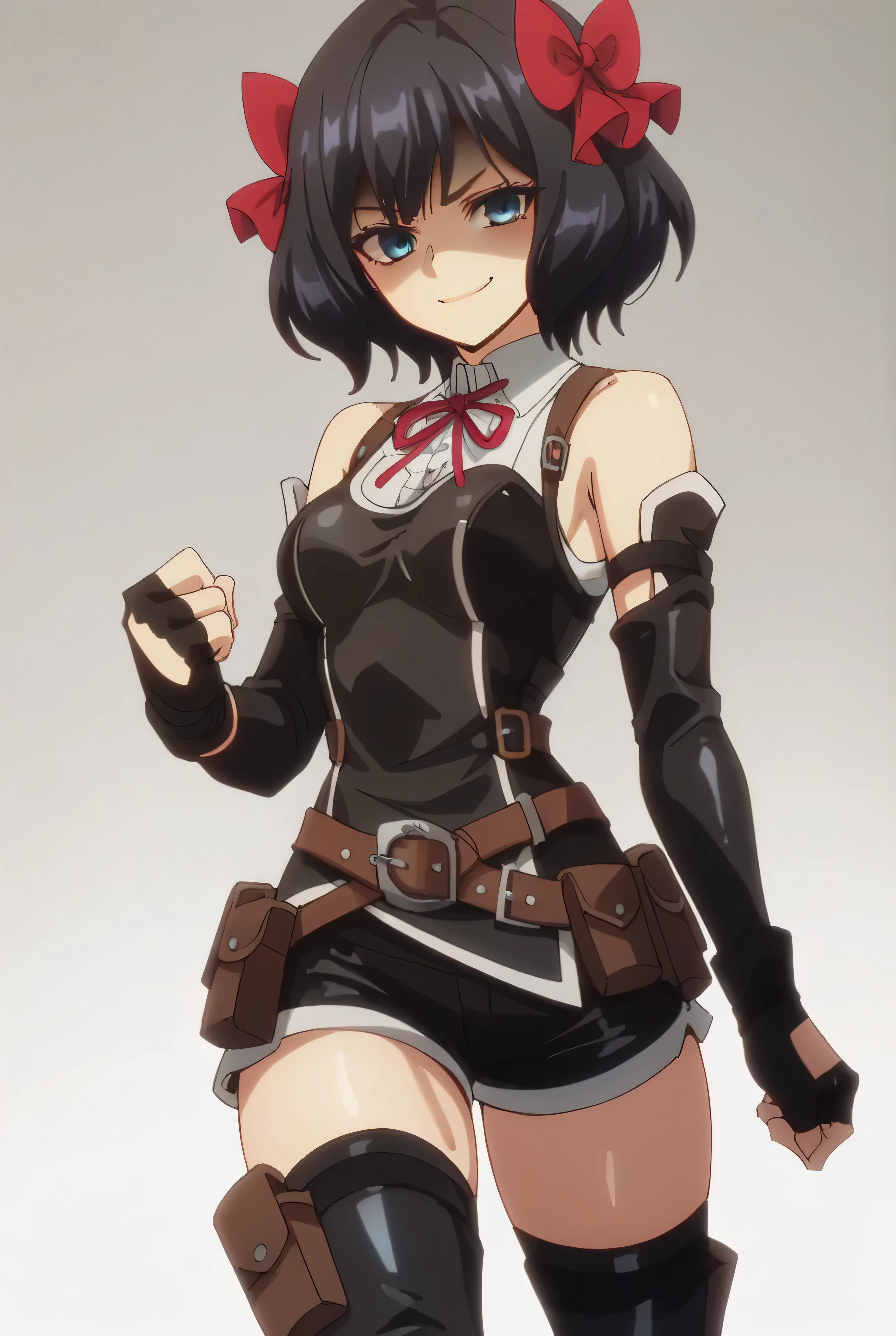 (score_9,score_8_up,score_7_up, ),TXWL_DN,1girl,Alone,black hair,fingerless gloves,thighhighs,blue eyes,short hair,black thighhighs,shade shaded face(eyes in shadow),,red ribbon,black gloves,hair bow,belt,detached sleeves,black latex shorts,belt pouch,cowboy_shot,,,shirt,latex thighhigh_boots,evil smirk,,feet,violence,Devastation,