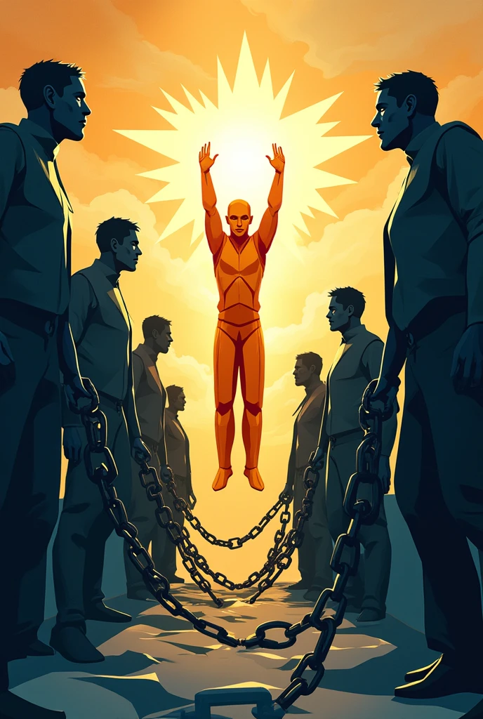 "Illustrate an origami-style image of chains breaking apart, with a bright figure symbolizing freedom standing tall against shadowy bureaucratic figures representing oppression."

