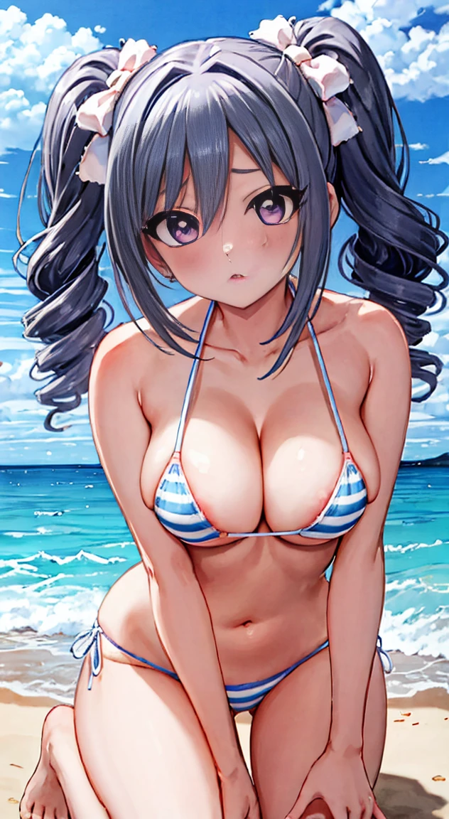 side tie panties,blush, full-face blush,masterpiece, highest quality, (anime screencap:1.3),(shape), cute,(simple:1), (anime:1.2),Solo Sharp Focus, 1 girl, cleavage,looking at the viewer, Ocean,Japan"Okinawa,Are standing,,(NSFW:1.2),micro bikini,pastel colour,beautiful hair,Horizontal stripes,heart shaped pupils,