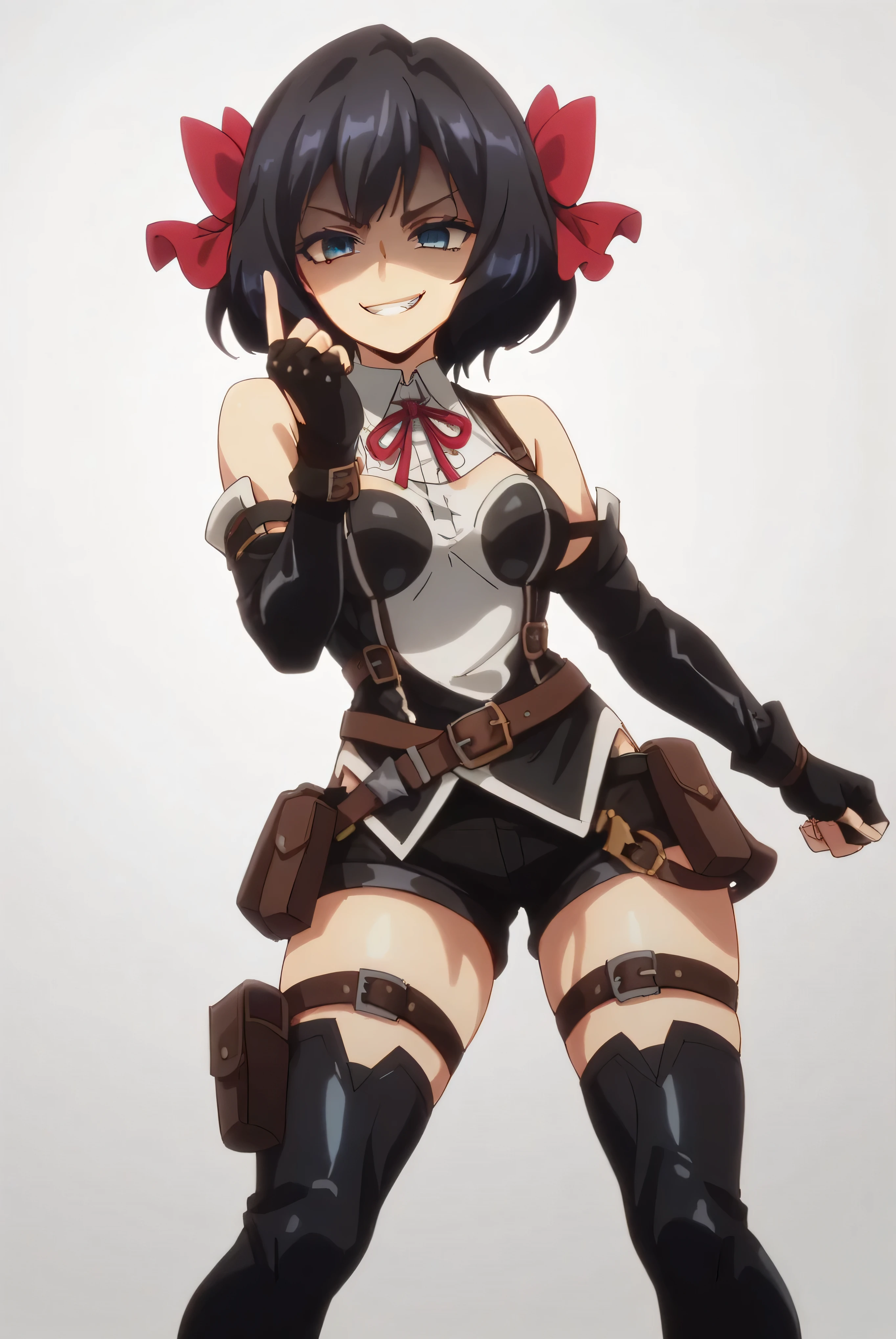 (score_9,score_8_up,score_7_up, ),TXWL_DN,1girl,Alone,black hair,fingerless gloves,thighhighs,blue eyes,short hair,black thighhighs,shade shaded face(eyes in shadow),,red ribbon,black gloves,hair bow,belt,detached sleeves,black latex shorts,belt pouch,cowboy_shot,,,shirt,latex thighhigh_boots,evil smirk,,feet,violence,Devastation,