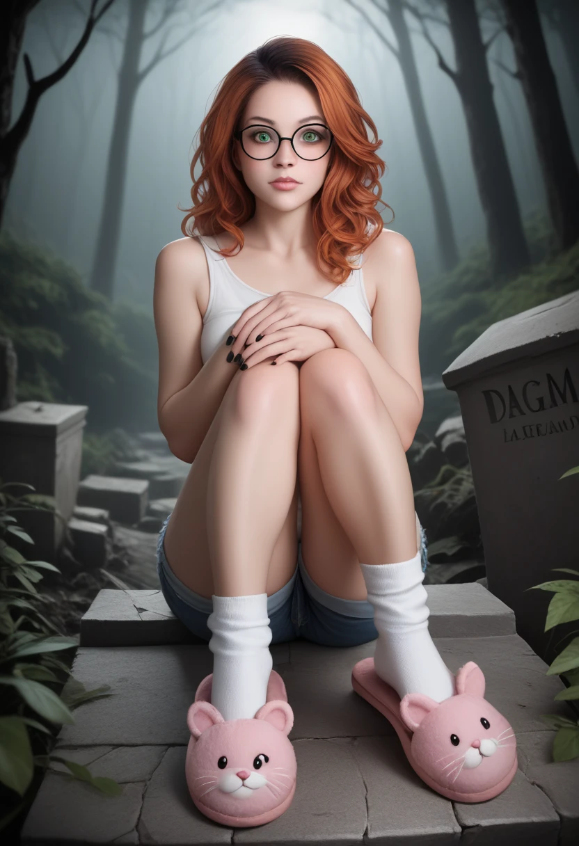 Main character photo, dynamic composition, bottom view angle, rule of thirds. Dark souls realistic photo. Close up of cute girl, pale skin girl, petite short, skinny girl, wavy orange hair, long-length hair, cute skin. Flustered, blush, sitting, hugging own legs. Playful face expression, horny, green eyes, one eyebrow up, looking from above. One leg on another. Black nails on hands. Dynamic position. Cute blushing cheeks. Oversized round black glasses. Black thin chocker. 20 years old cute girl. Mascara, detailed lips. Detailed face. White tank top. Clear top. Denim shorts, slightly torn shorts. Detailed slim legs. White socks. Thin toe socks. Pink fur slippers, bunny slippers. Sitting on big mossy dark souls tombstone. Plants. Vegetation under her legs. Cracked tombstone. Legs crossed. One feet up. Sole. Hands crossed. Detailed face. Dark souls setting background. Ruins in forest. Detailed face. Foggy forest, dim light, mossy ruins, mist. Grim atmosphere, gothic colours, shocking atmosphere, photorealistic details, chiaroscuro, sensual and dramatic lighting. Moody, intricate details, masterpiece, ultra detailed, high quality, 8k, best quality, realistic shadows, sharp focus, cinematic, dark and brooding, expressionistic, powerful composition, emotional impact. Ultra realistic photo, logic anatomy, realistic skin, inspired by real life photos. Detailed fingers, detailed hands, detailed face.
